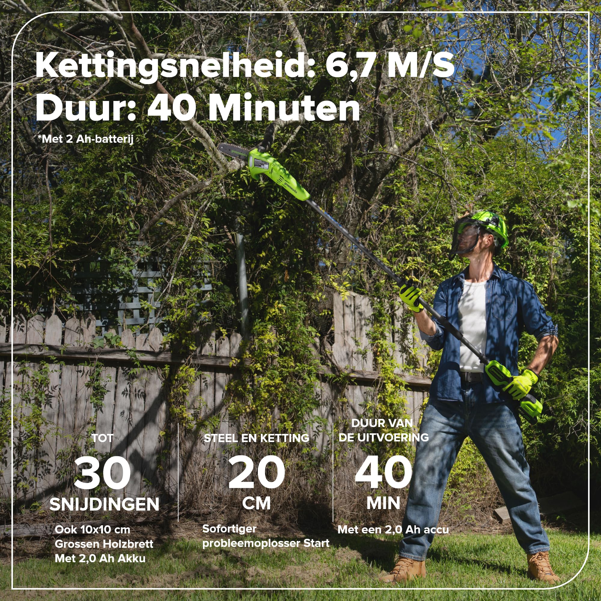 Greenworks Ciężarka akumulatorowa 24 V, 20 cm, zasięg 2,68 m, do cięcia drzew, elektryczna piła łańcuchowa z automatycznym olejowaniem, prędkość łańcucha 6,7 m/s, akumulator 2 Ah i ładowarka USB C 30
