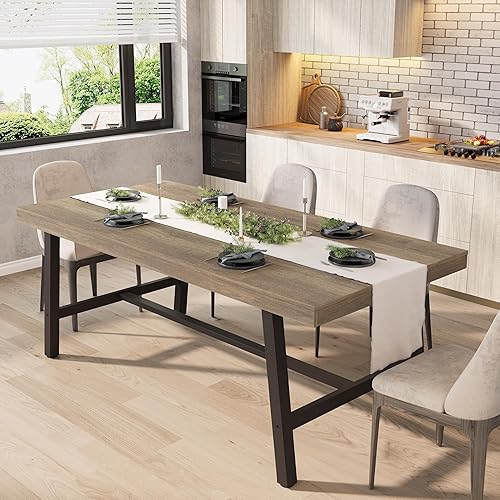 Miniatura 11 de GarveeHome Mesa de comedor industrial para 6-8 personas, mesa de cocina de madera de 70.87" de largo con marco de metal resistente y acabado gris,