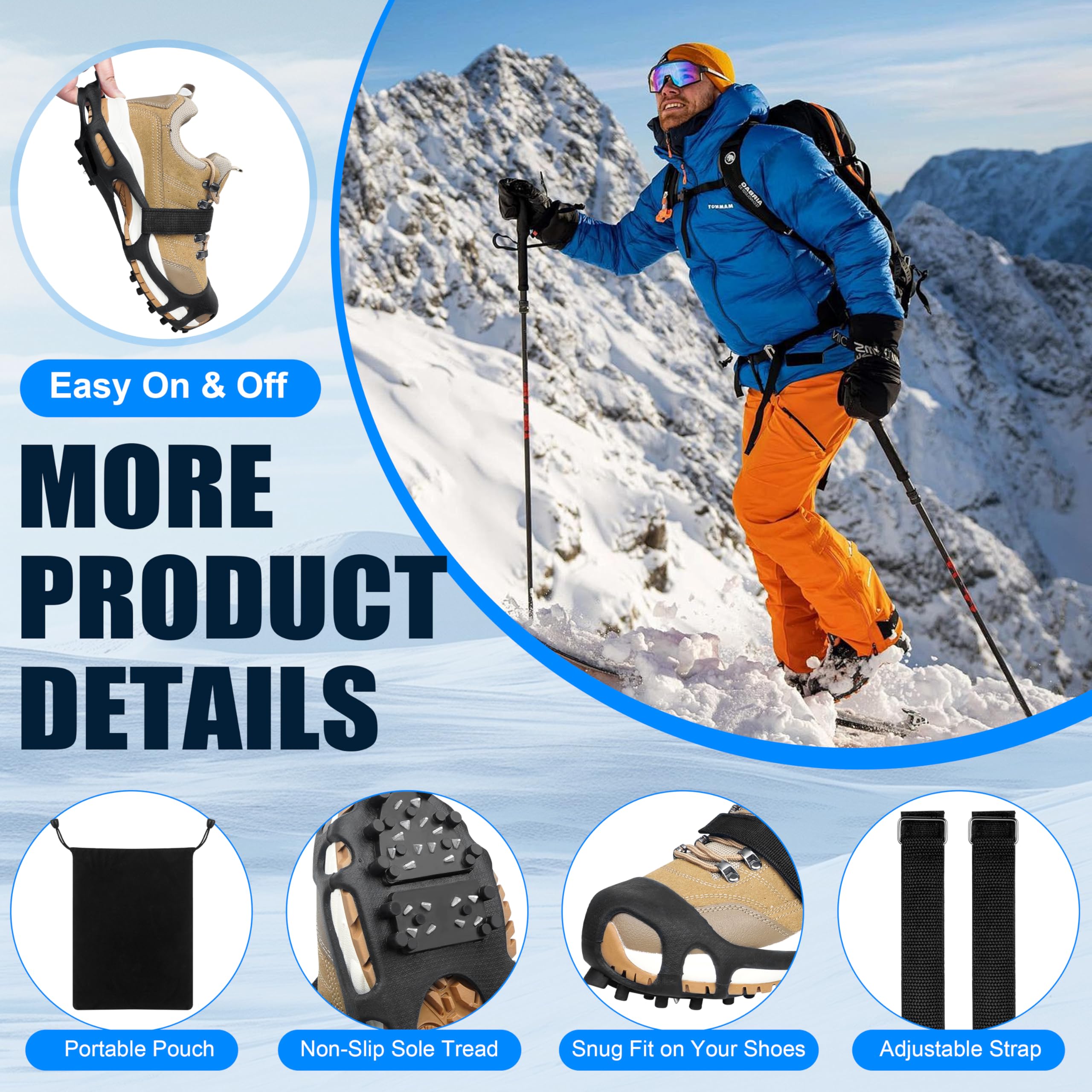 Tacchetti da ghiaccio da neve, ramponi da ghiaccio per scarpe e stivali, unisex, antiscivolo, 28 tacchetti per neve, ghiaccio, escursionismo, passeggiate, pesca