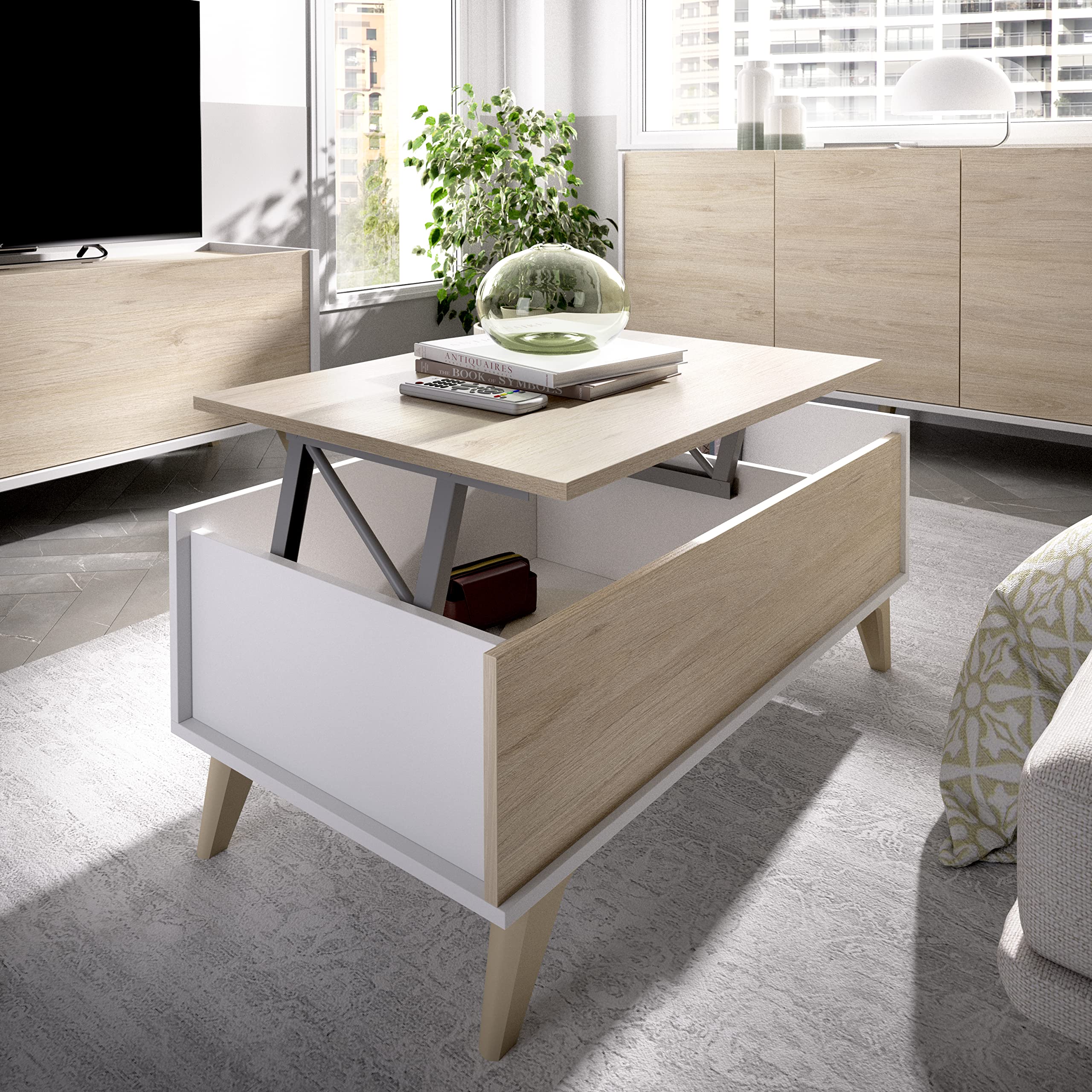 DEKIT GRUPO RIMOBEL Composition de Salon avec Meuble TV + Buffet + Table Basse, Blanc et Naturel - Ness 6