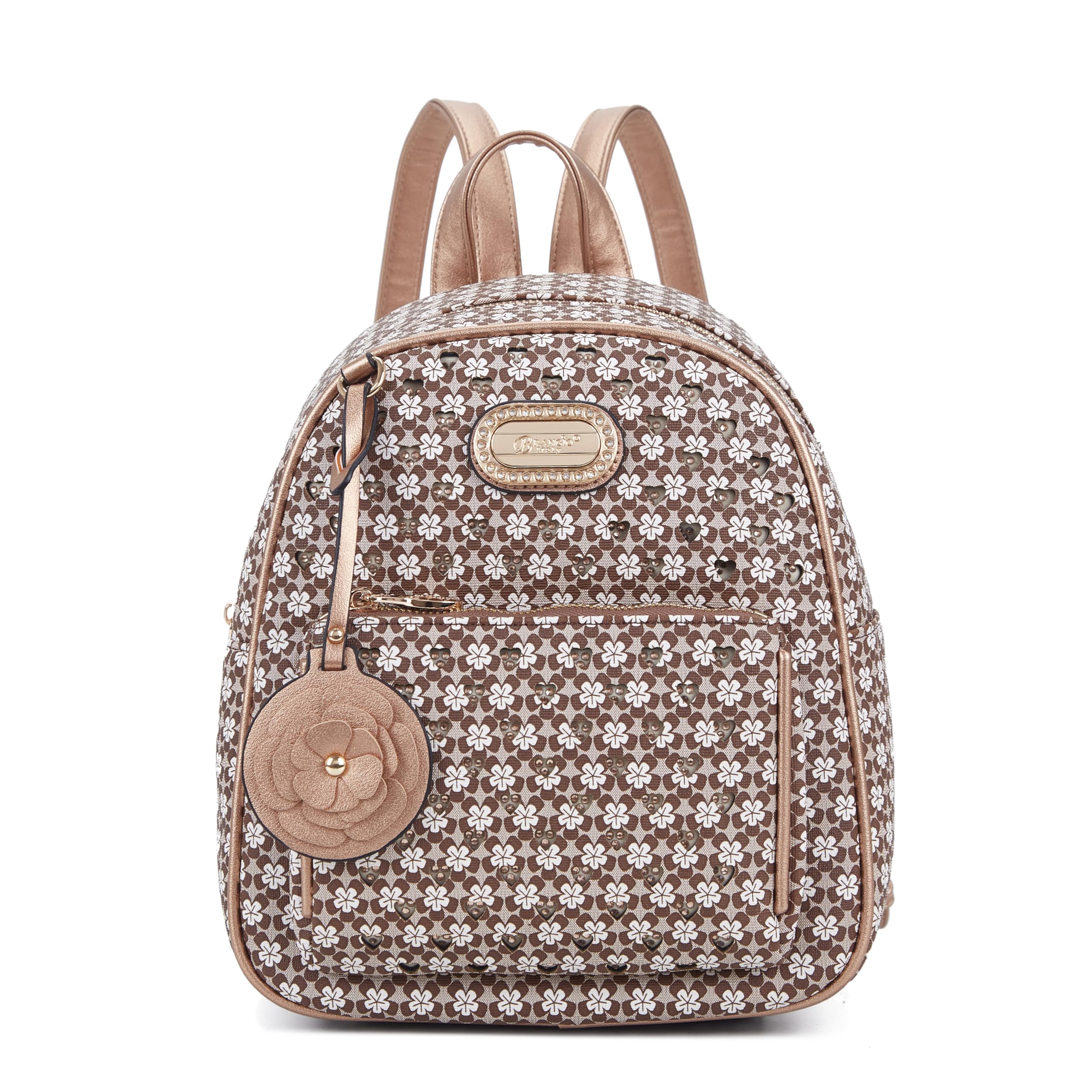 Diamond Marvel Rhinestone Leather Backpack Glitter Open Heart Design Work Travel Daypack (Brown)