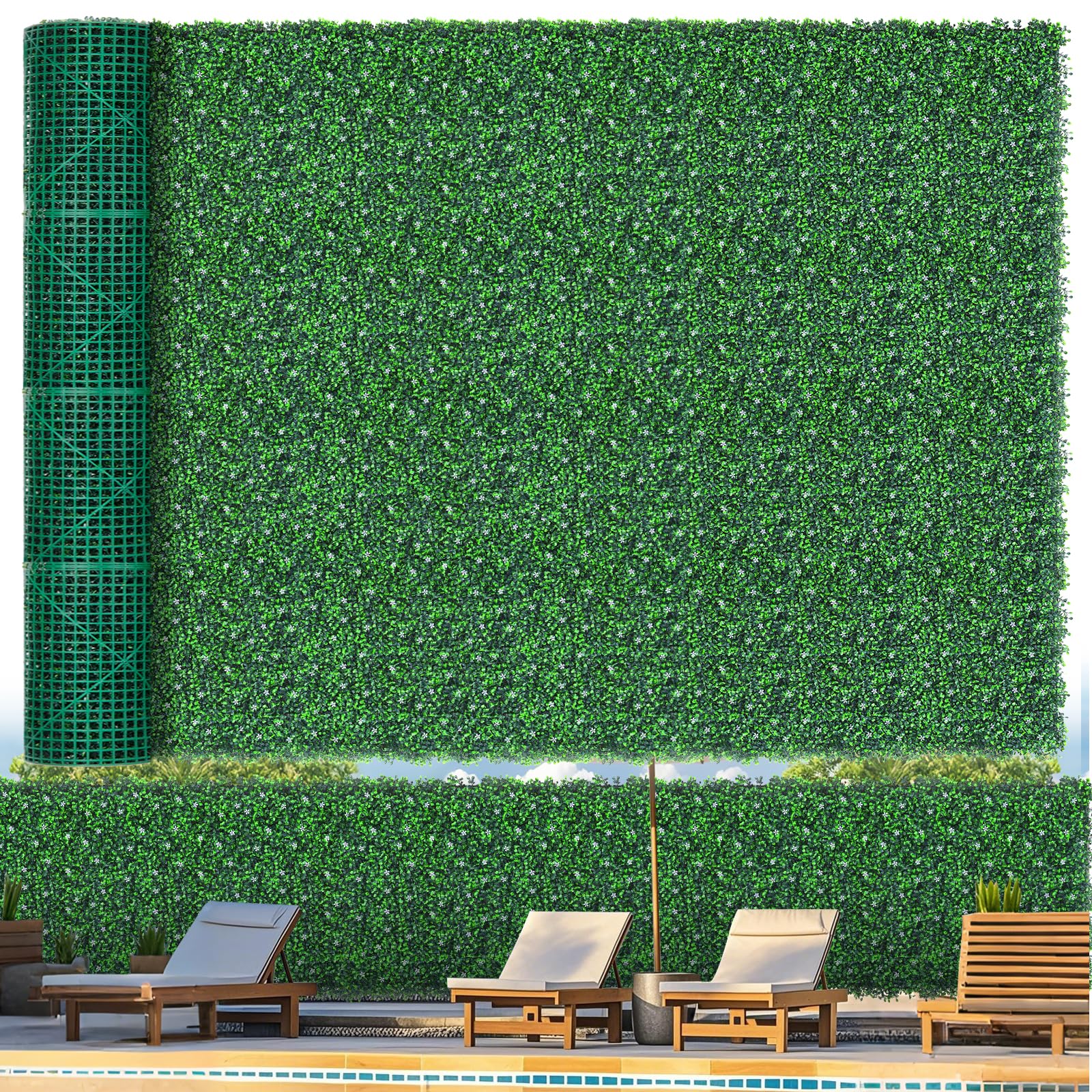 Photo 1 of Grooy 71"x 144"(72 sq.ft) Artificial Boxwood Roll Panels with Flowers, UV-Anti Faux Ivy Leaves Privacy Fence Screen, Grass Wall Roll Panels for Indoor Home Decor and Outdoor Garden Backyard