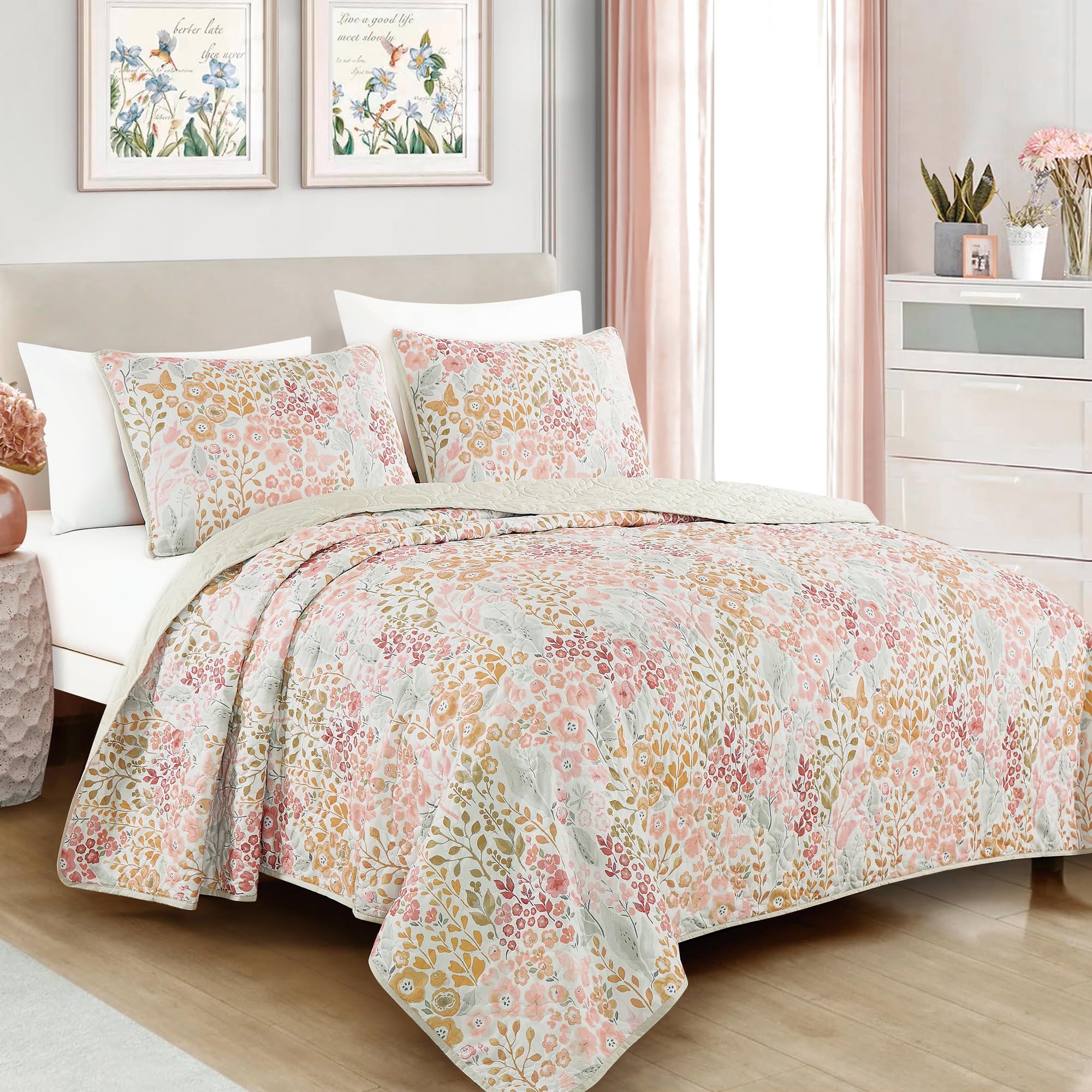 ESCA Queen Size Quilt Set 3-Piece Pink Floral Bedspread Set