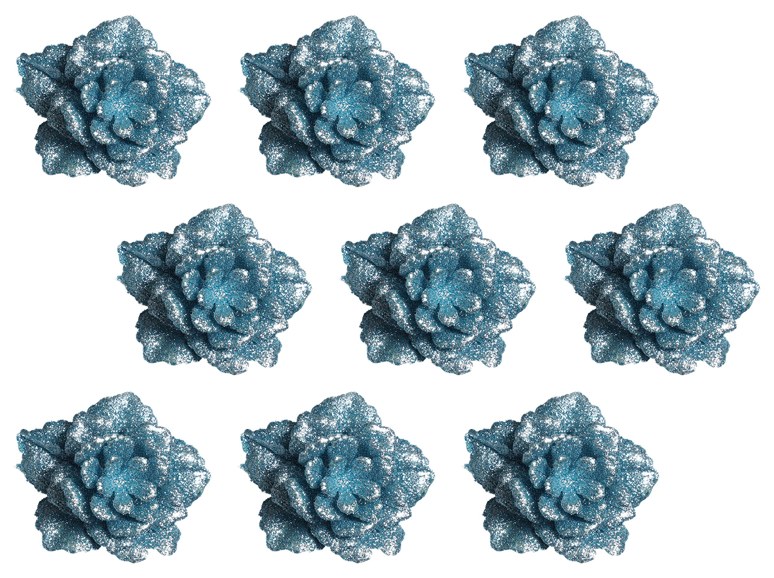 9 x Glitter Encrusted Ice Blue Flower 3D Clip On Christmas Tree Decorations