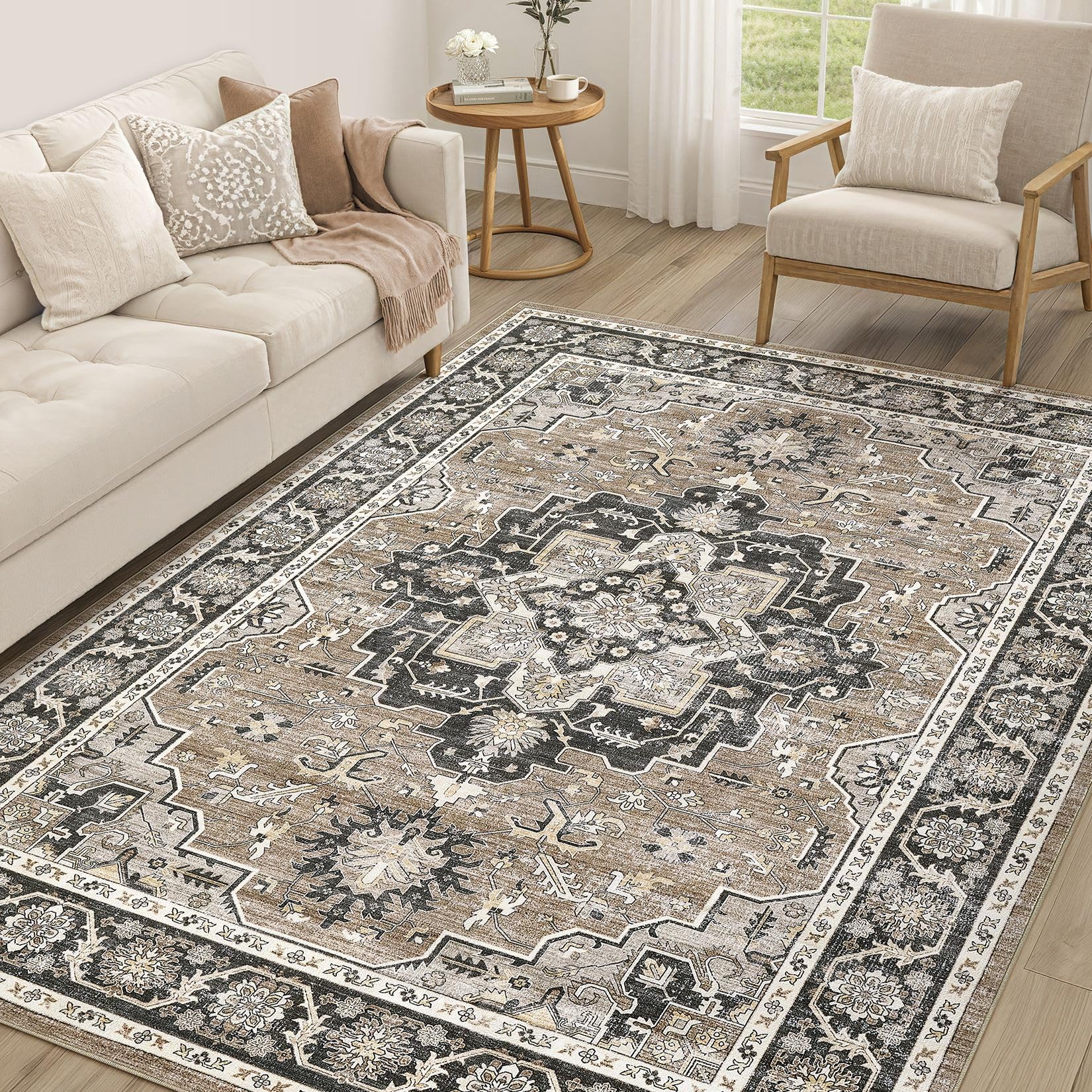 cotiled 5x7 area rug for living room, washable, traditional, black brown | soft distressed oriental design with vintage charm for bedroom, dining room, and home office