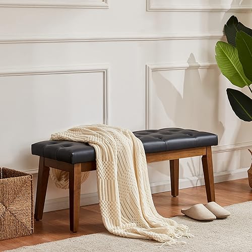 Miniatura 8 de HUIMO Banco de entrada, cuero negro, madera maciza, duradero y resistente al desgaste