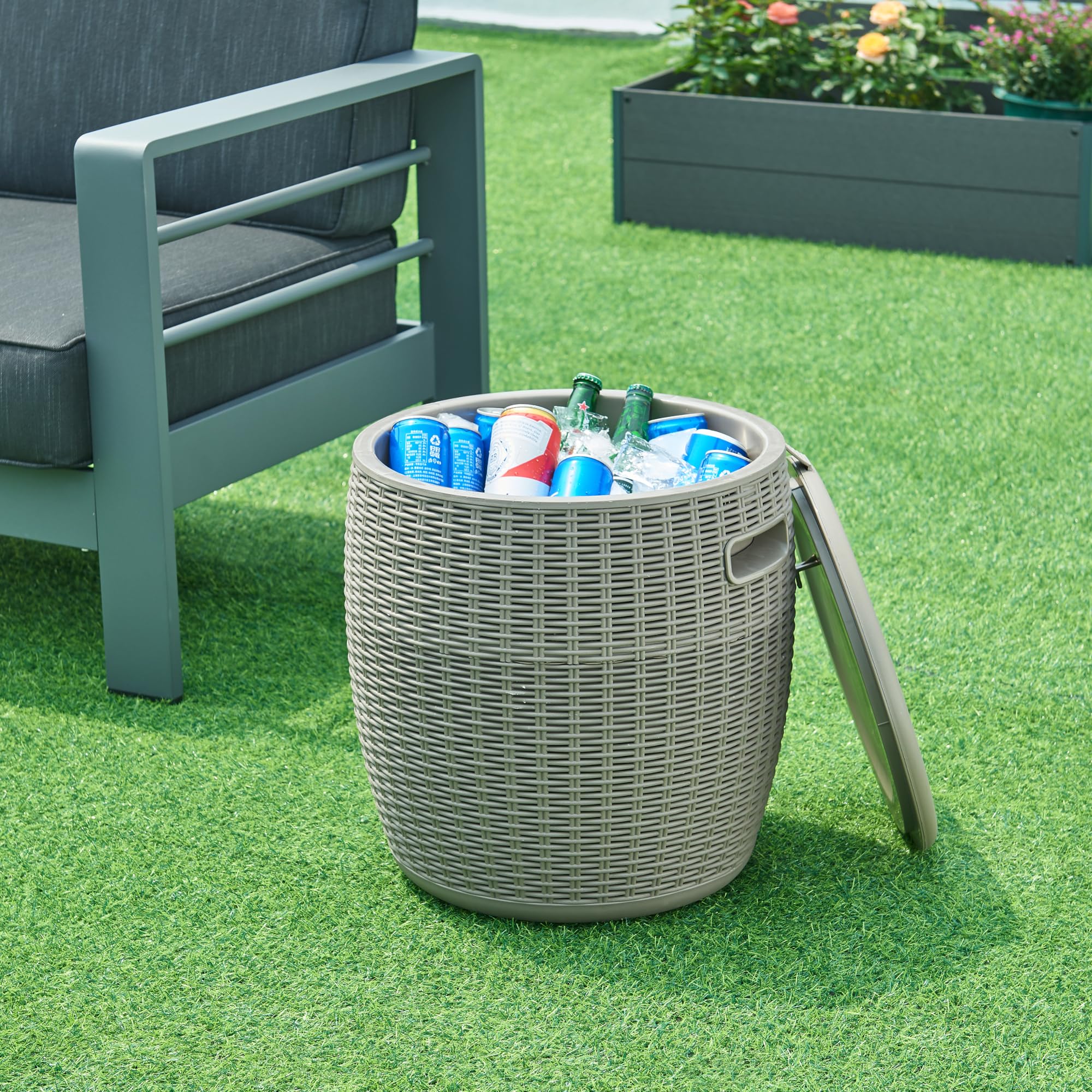 casa.pro Tabouret de Jardin Table d'Appoint pour Extérieur avec Glacière Seau à Glace Capacité 37 L 100 kg Résistant avec Poignées Polypropylène 44 x 40 cm Marron Clair