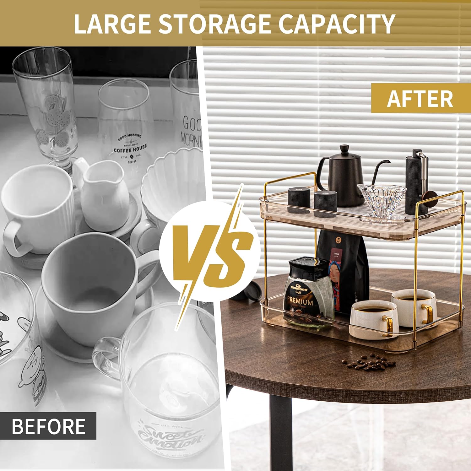 Coffee Bar Accessories, Station Organizers,Large Capacity Storage with Drain Board,Whisky Tray,Mug Tea Cup Holder Coffee Bar Organizer,Amber Gold Amber Gold 14.5" x 10" x 11.2" image 3 of 6 B0C7QWKXLY