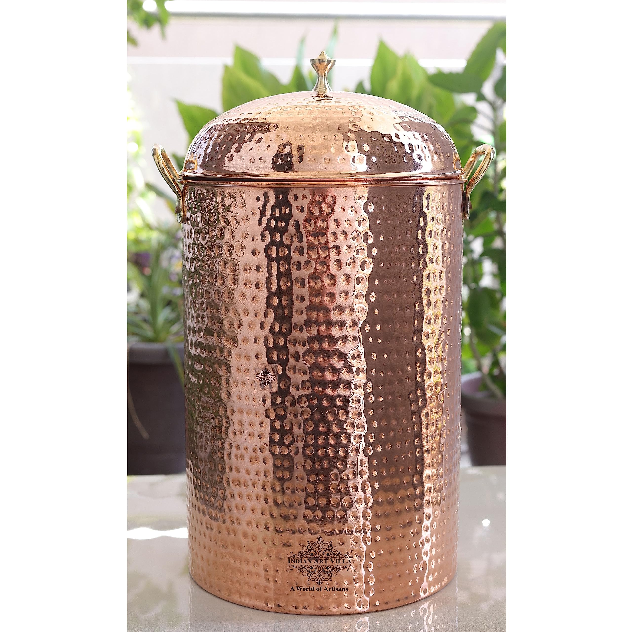 Indian Art Villa Copper Hammered 12000 ML Flat Storage Pot - Serving & Storage - Home, Hotel, Restaurant, Gift Item, Decorative