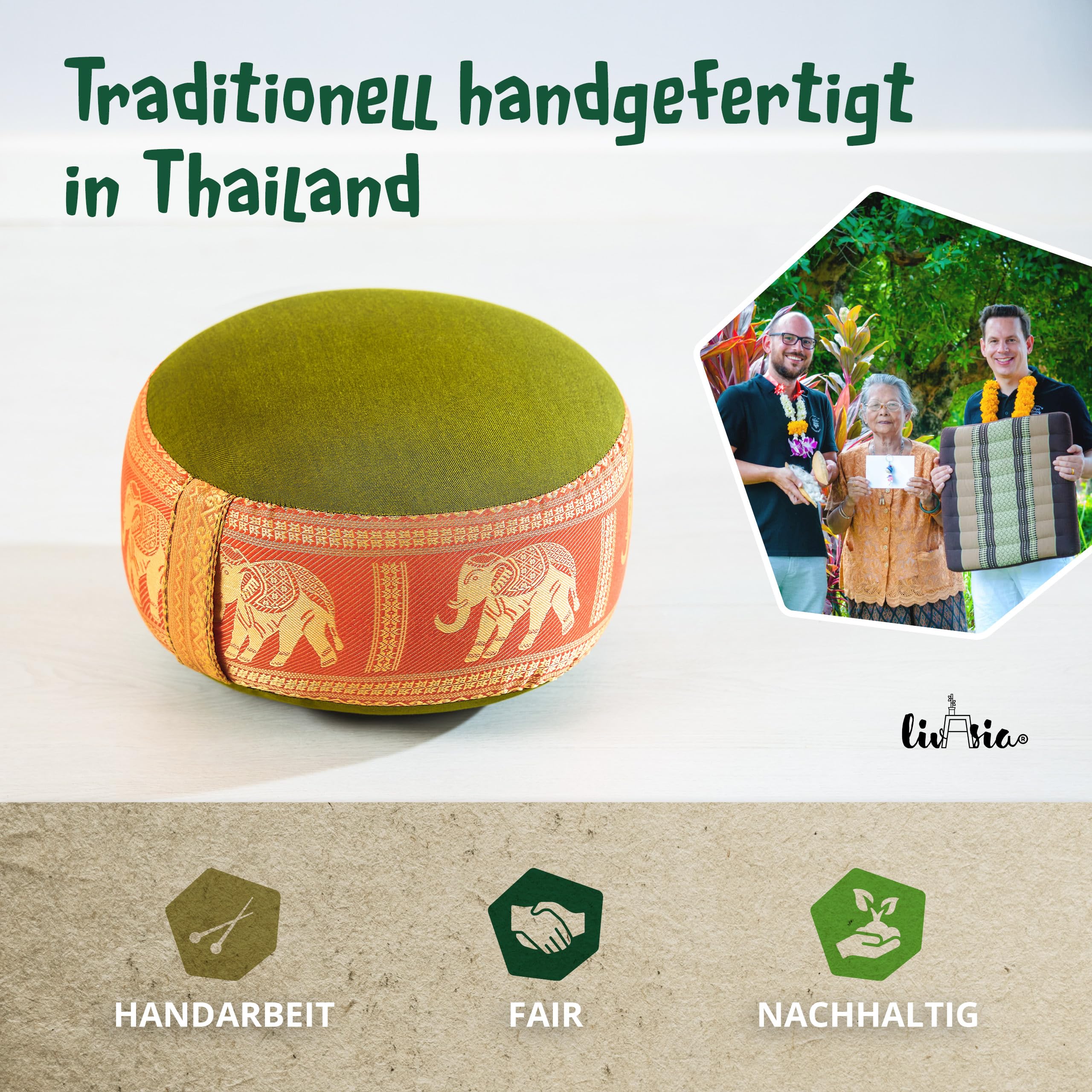 livasia Meditationskissen Thaiseide - Ø 32x20cm - Yogakissen klein mit Kapok, Pouf, Bodenkissen Yoga Zen Meditation, Sitzkissen Garten Balkon, Zafukissen handgefertigt