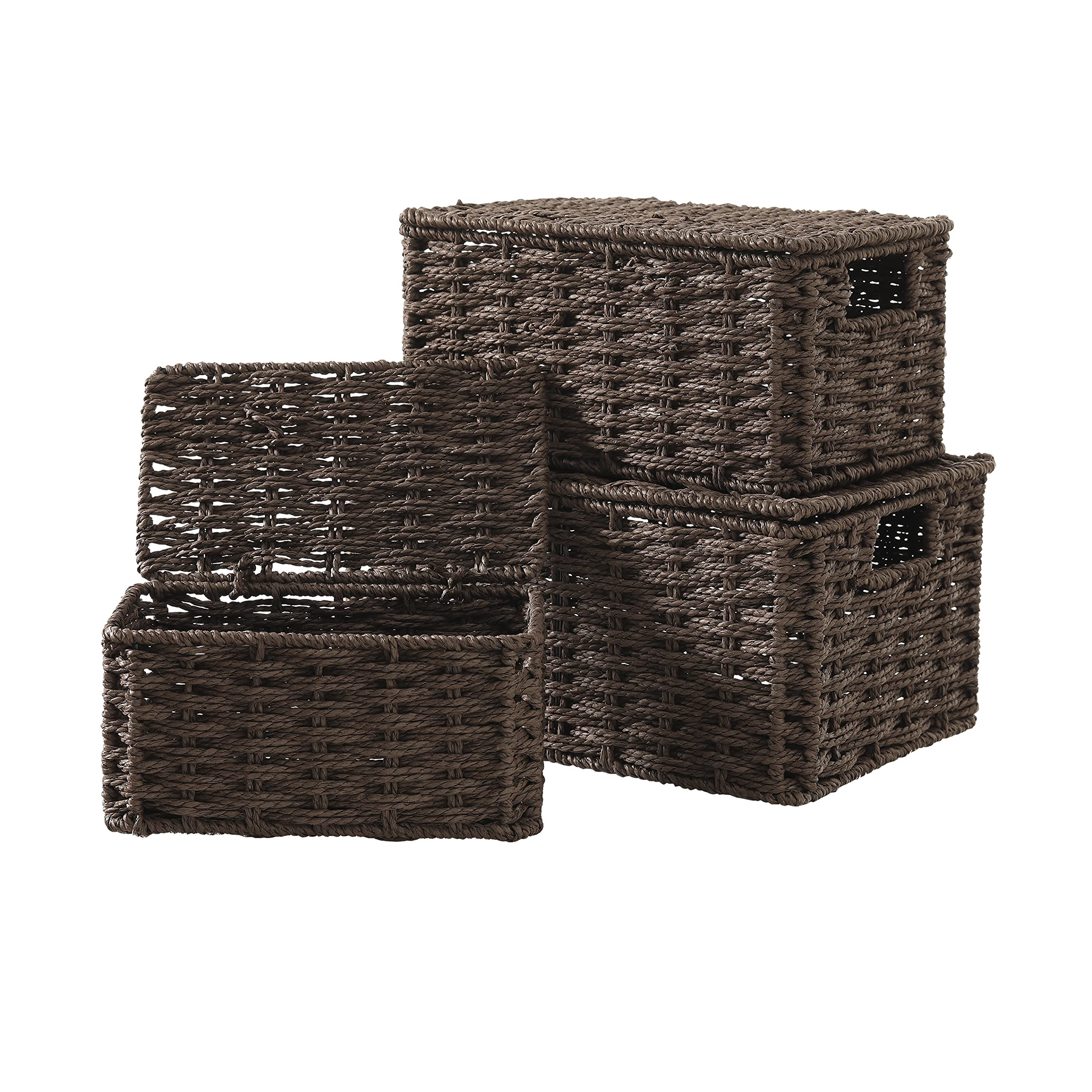 Motifeur Hand-woven Paper Rope Rectangular Baskets With Lids, Multi-purpose Stackable Utility Organizers with Built-in Handles (Set of 3, Brown)