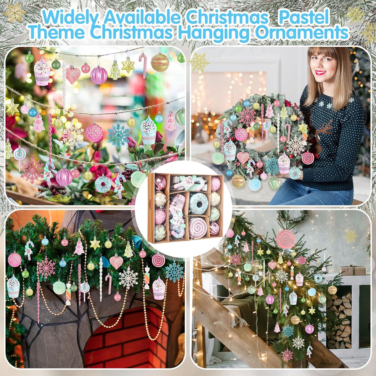 Leinuosen 82 Pcs Pastel Christmas Tree Ornaments Set Candy Land Christmas Tree Topper Dessert Candy Xmas Balls Ornaments for Home Indoor Party Gifts Xmas Holiday Cupcake Donut Snowflake Decor