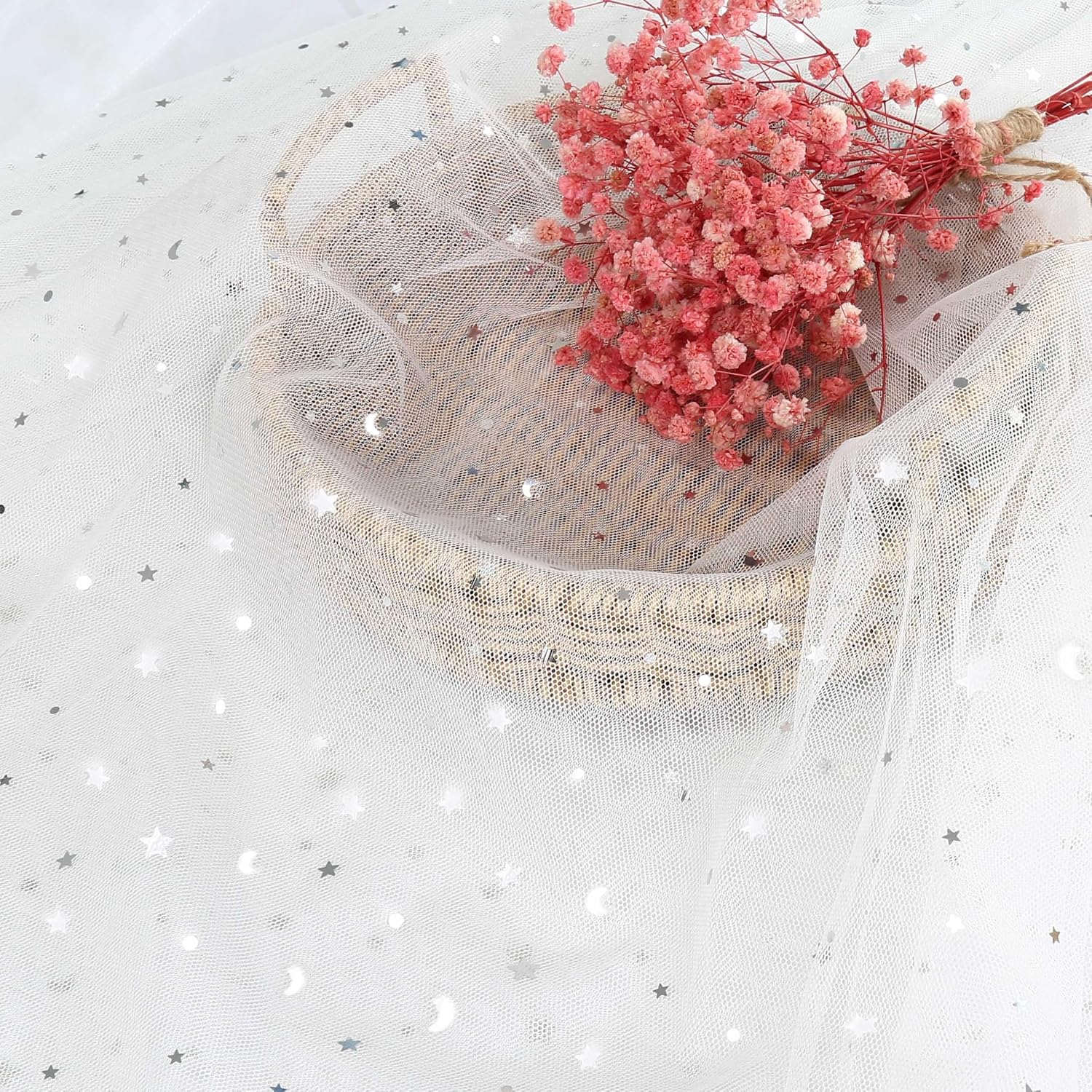 Homiest Glitter Tulle Fabric Rolls with Star Moon Sequin, 10 Yards x 54 Inch Wide Tulle Bolt White Tulle Rolls Bulk, Tulle Netting Fabric for Tutu Skirt Bridal Veil Wedding Arch Party Decorations