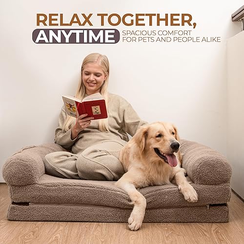 Miniatura 7 de Cama para perro humano 2 en 1 plegable para adultos, impermeable, espuma ortopédica, funda de sherpa lavable a máquina, base antideslizante, cama