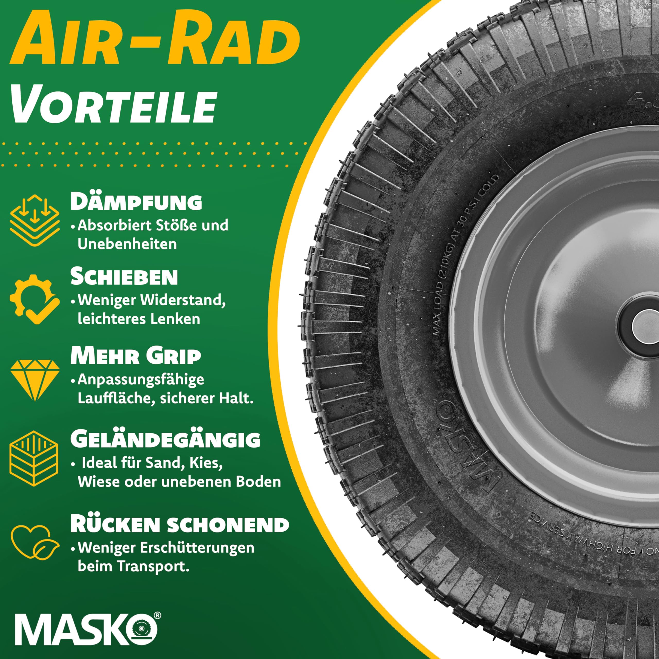 MASKO Ruota per carriola, pneumatici di ricambio, 250 kg, per carriola da giardino, 40 cm, extra larga, 9,5 cm, con cerchione in acciaio al carbonio e guanti