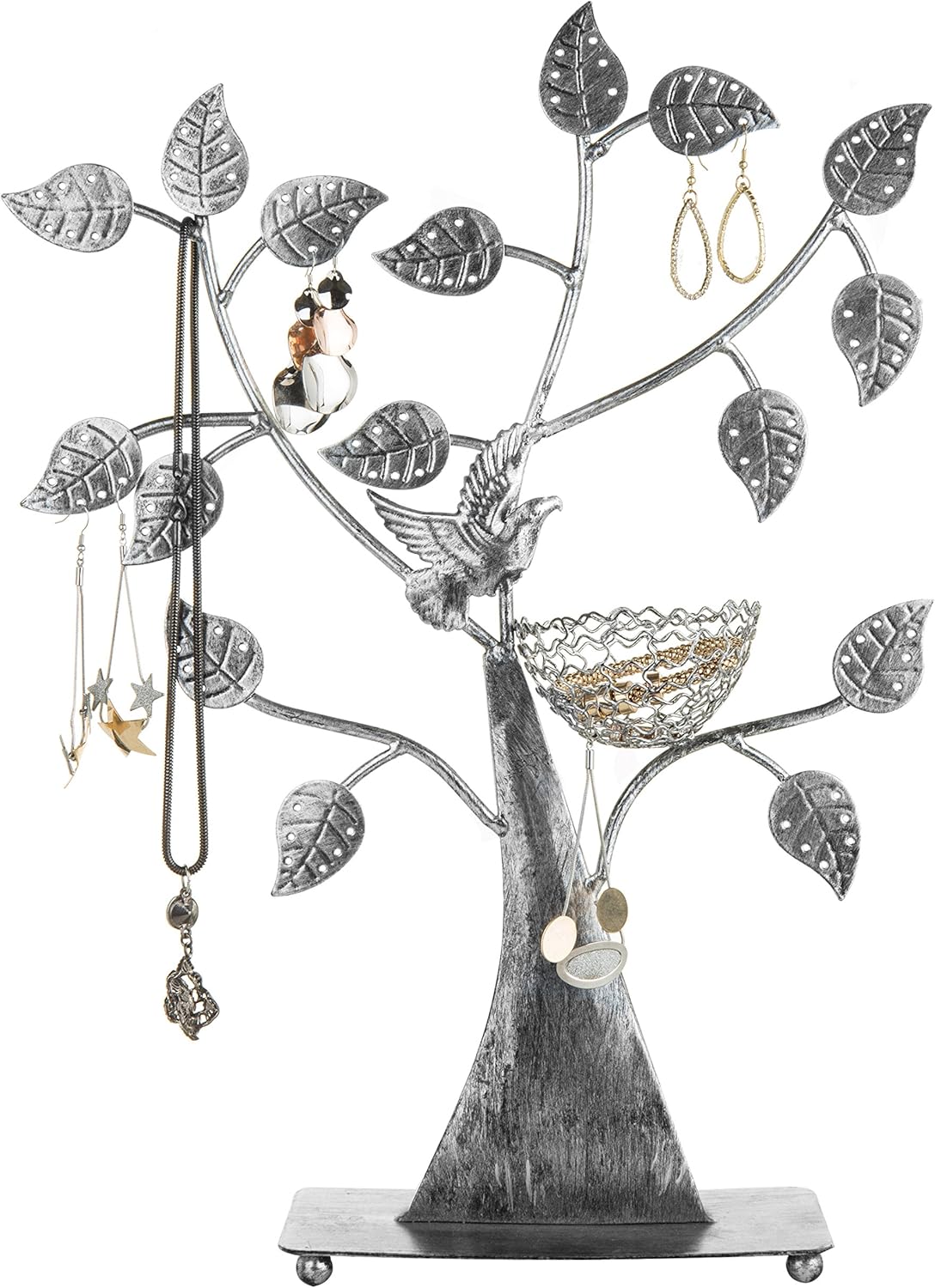 MyGift 14-Inch Bronze-Tone Tree & Bird Nest Earring Stand Jewelry Tower with Ring Trinket Organizing Tray