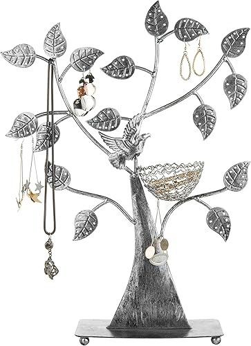 MyGift Árbol de joyería de metal plateado con nido de pájaro, capacidad para hasta 48 pares de aretes