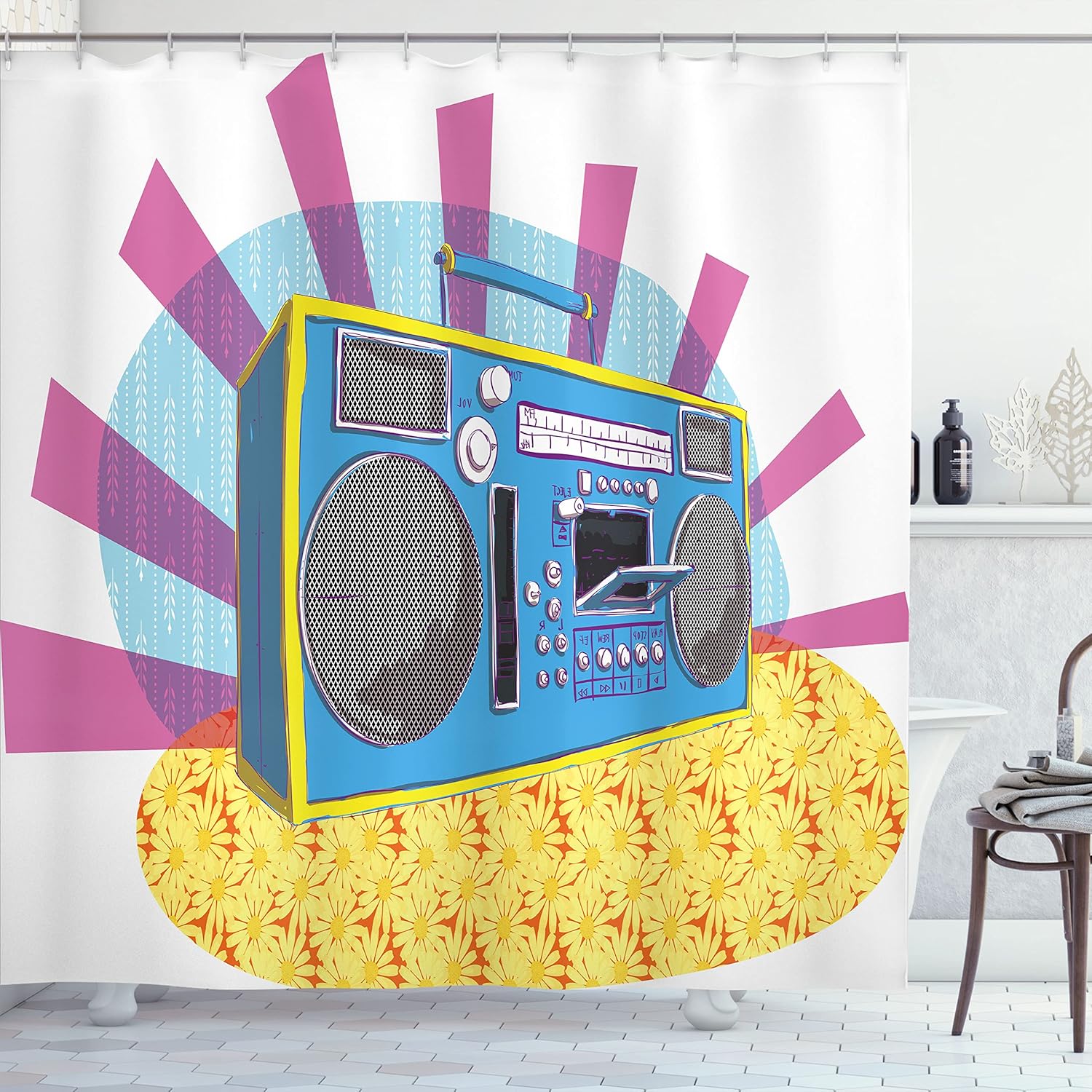 Ambesonne 70s Party Shower Curtain, Retro Boom Box in Pop Art Manner Dance Music Colorful Composition Artwork Print, Cloth Fabric Bathroom Decor Set with Hooks, 70" Long, Purple Blue