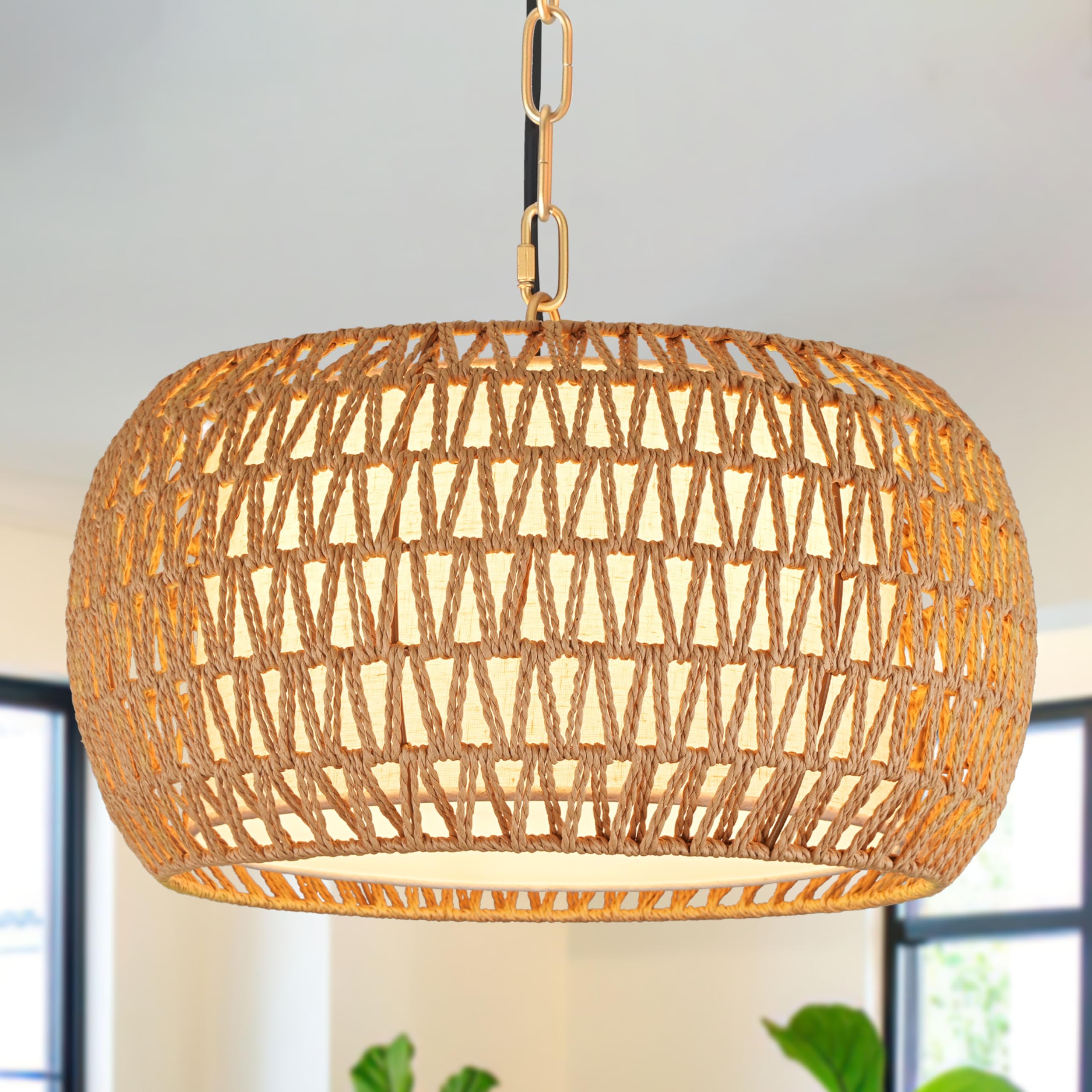 18" Rattan Farmhouse Chandeliers for Dining Room,3-Light Hand-Woven Rattan Chandelier,Fabric Shade Boho Chandelier Pendant Light fixture Drum Chandelier Hanging Lights for Bedroom Kitchen Island