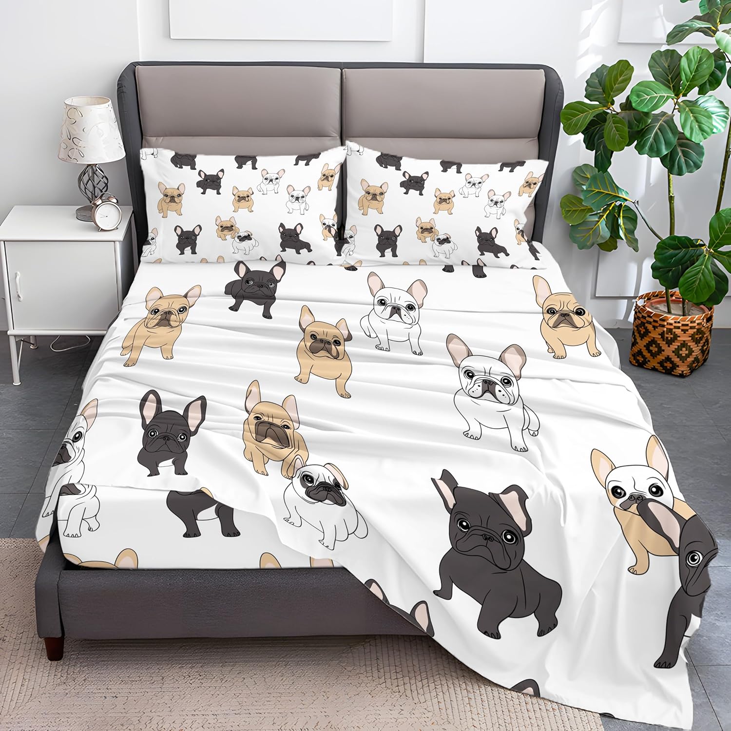 Modern Sheet Set 4-Piece Cute French Bulldog Print Soft Bedding Sheets Gray Yellow Deep Pocket up to 16 inch King Microfiber Fitted Sheet is Comfortable and Breathable