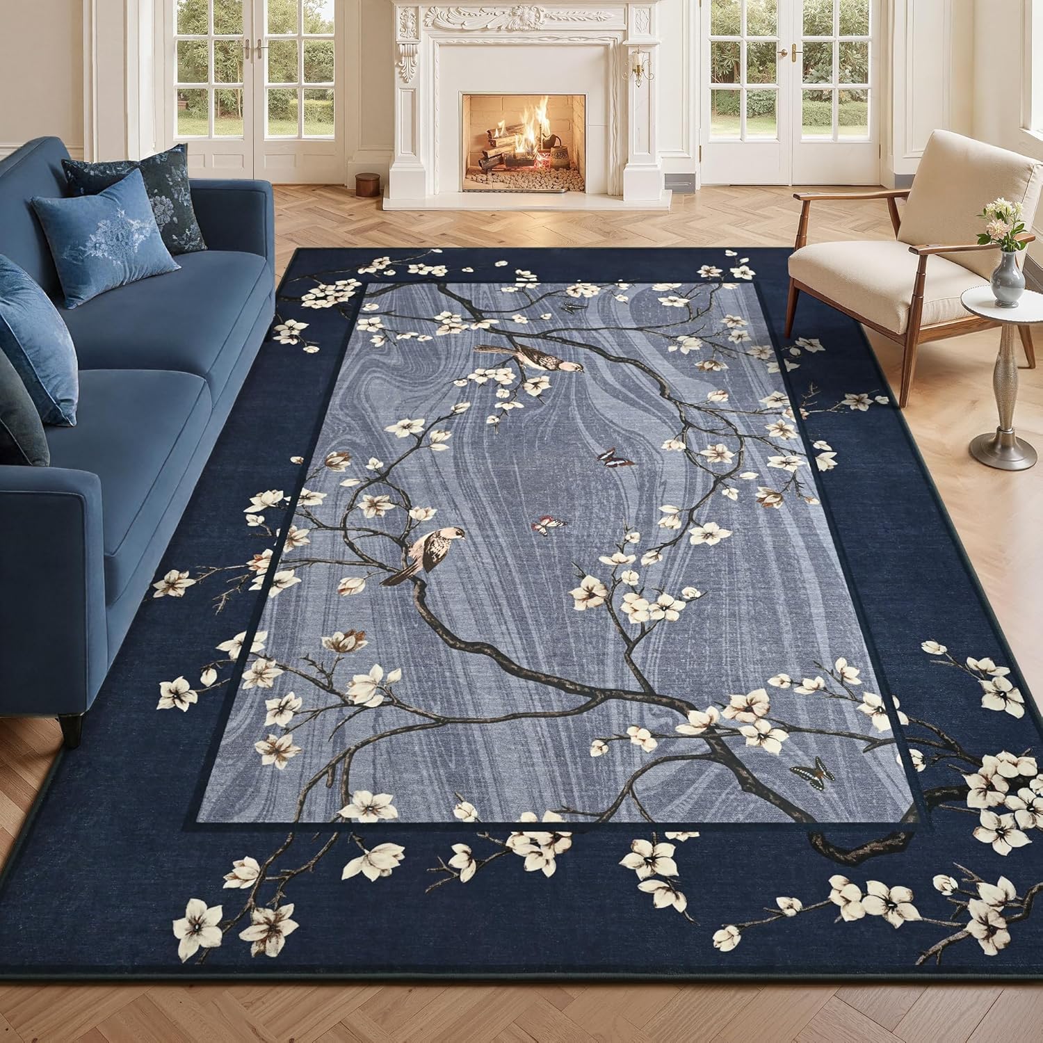 Foxmas 4x6 Rugs for Living Room, Washable Non-Slip Floral Birds Rug, Low Pile Oriental Style Indoor Carpet for Bedroom Dining Room Office Farmhouse, Navy Blue