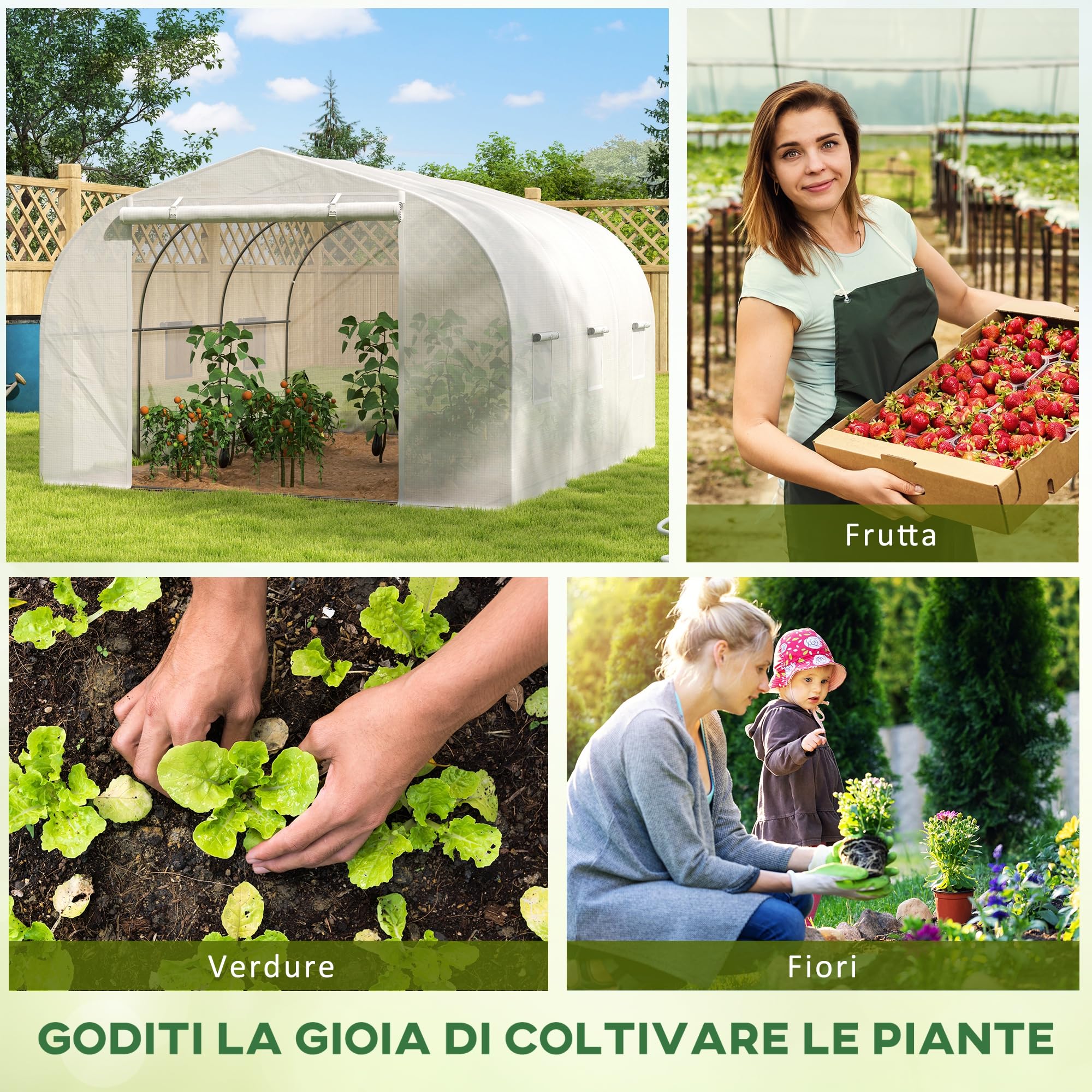 Outsunny Serra da Giardino, Serra a Tunnel per Giardino con Porta a Rullo e 6 Finestre, per Orto in Polietilene e Acciaio, 3.5x3x2 m, Bianco
