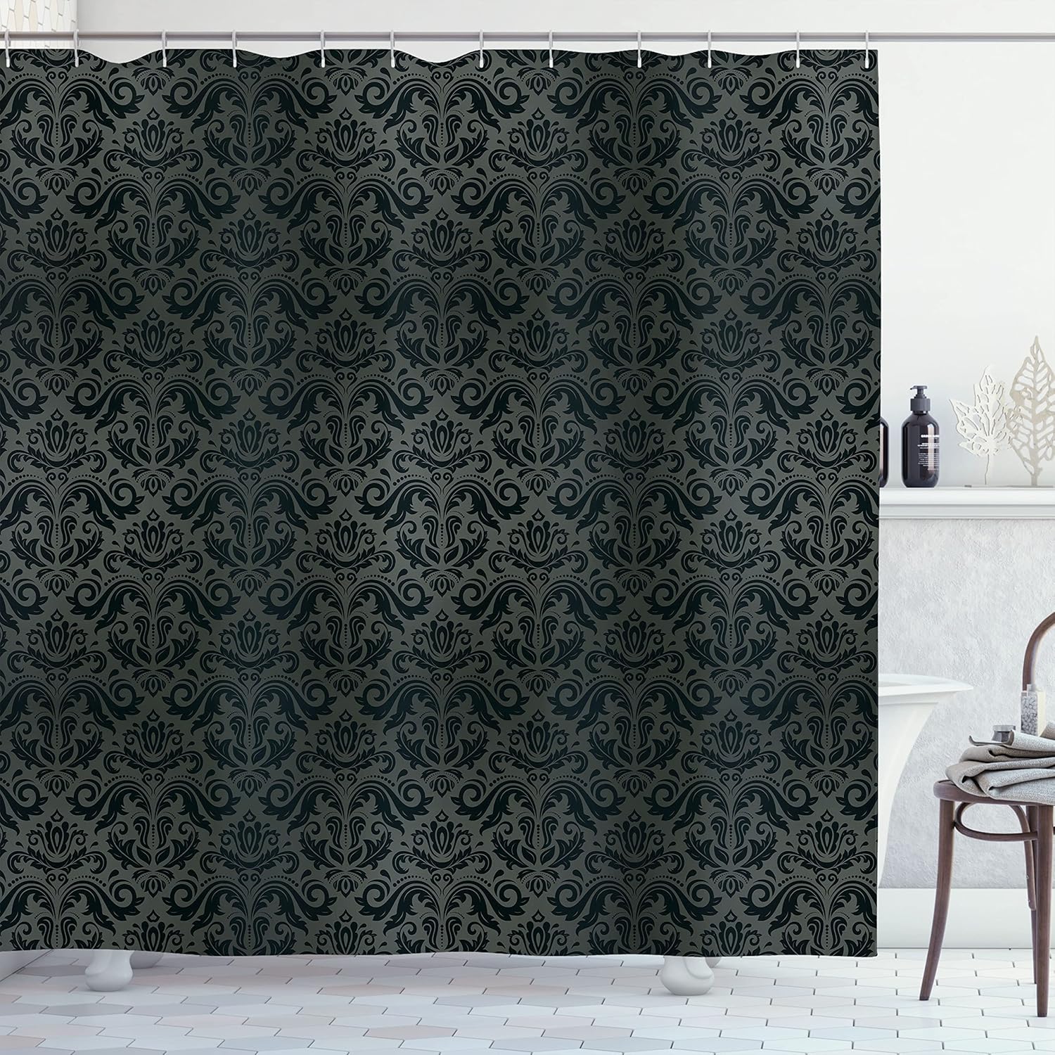 Ambesonne Dark Grey Shower Curtain, Black Damask and Floral Elements Oriental Antique Ornament Vintage, Cloth Fabric Bathroom Decor Set with Hooks, 69" W x 84" L, Black Grey