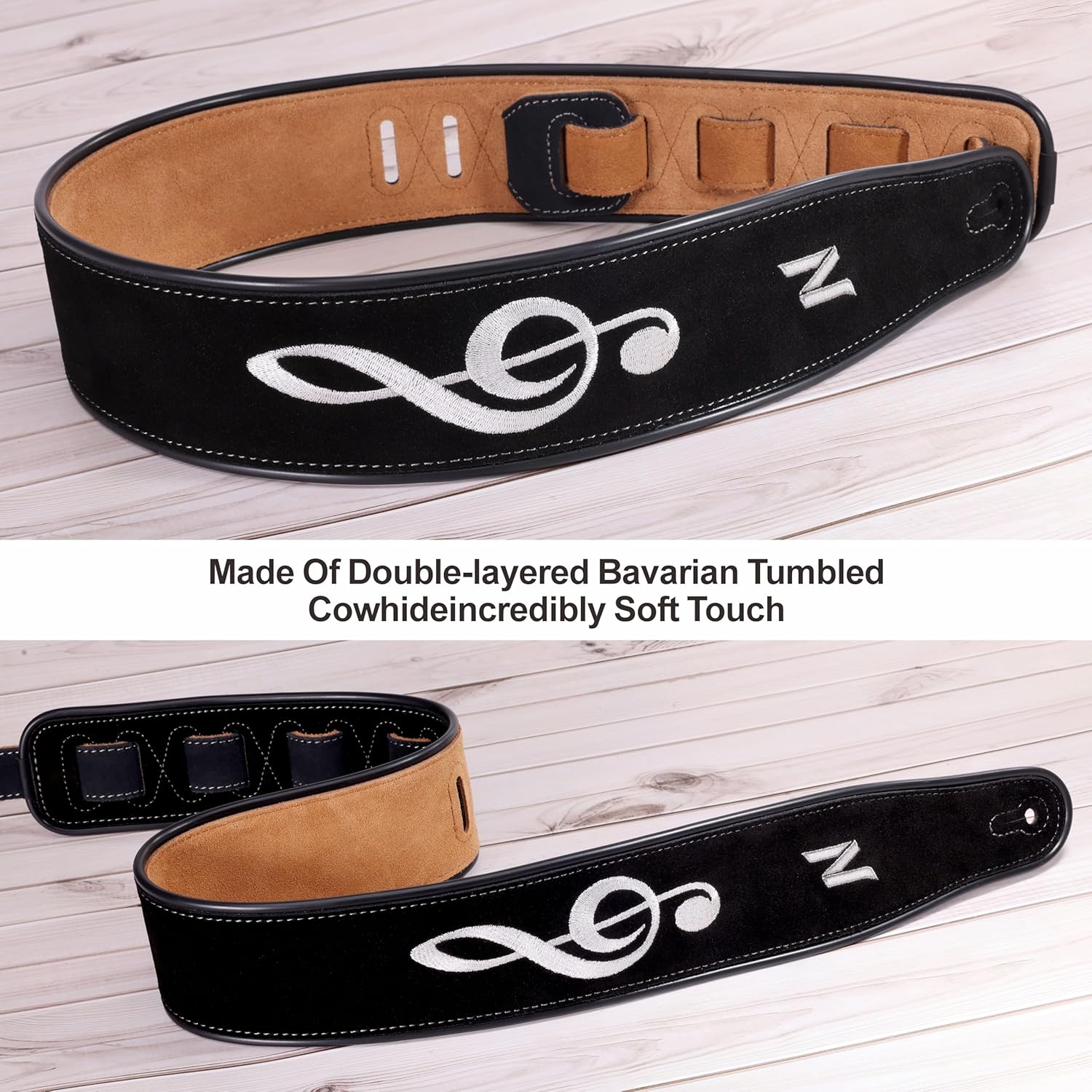 Nefelibata Guitar Strap Musical Note, 2.7" Wide Double Layer Bavarian Tumbled Cowhide Guitar Strap with Foam Padding, Acoustic, Bass and Electric Guitars