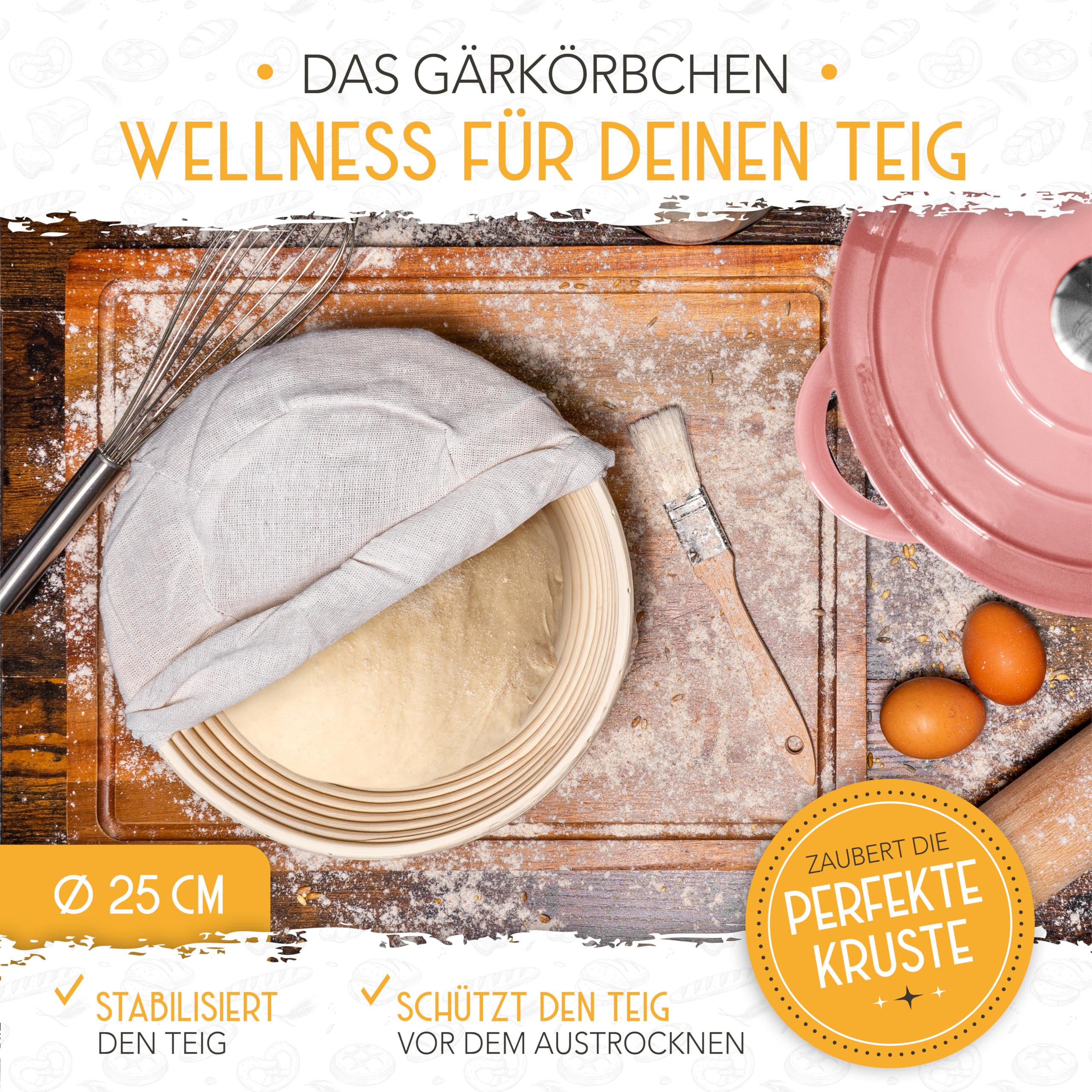 KRUSTENZAUBER Casserole en fonte émaillée avec panier de fermentation – Casserole en émail de 26 cm avec accessoires – Idéal comme casserole à pain, moule à pain avec couvercle, marmite en fonte