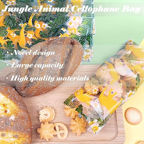 Miniatura 4 de 100 bolsas de celofán hawaiano para golosinas de animales de la selva, bolsa de violonchelo de safari, bolsas de recuerdo de fiesta, hojas de palma,