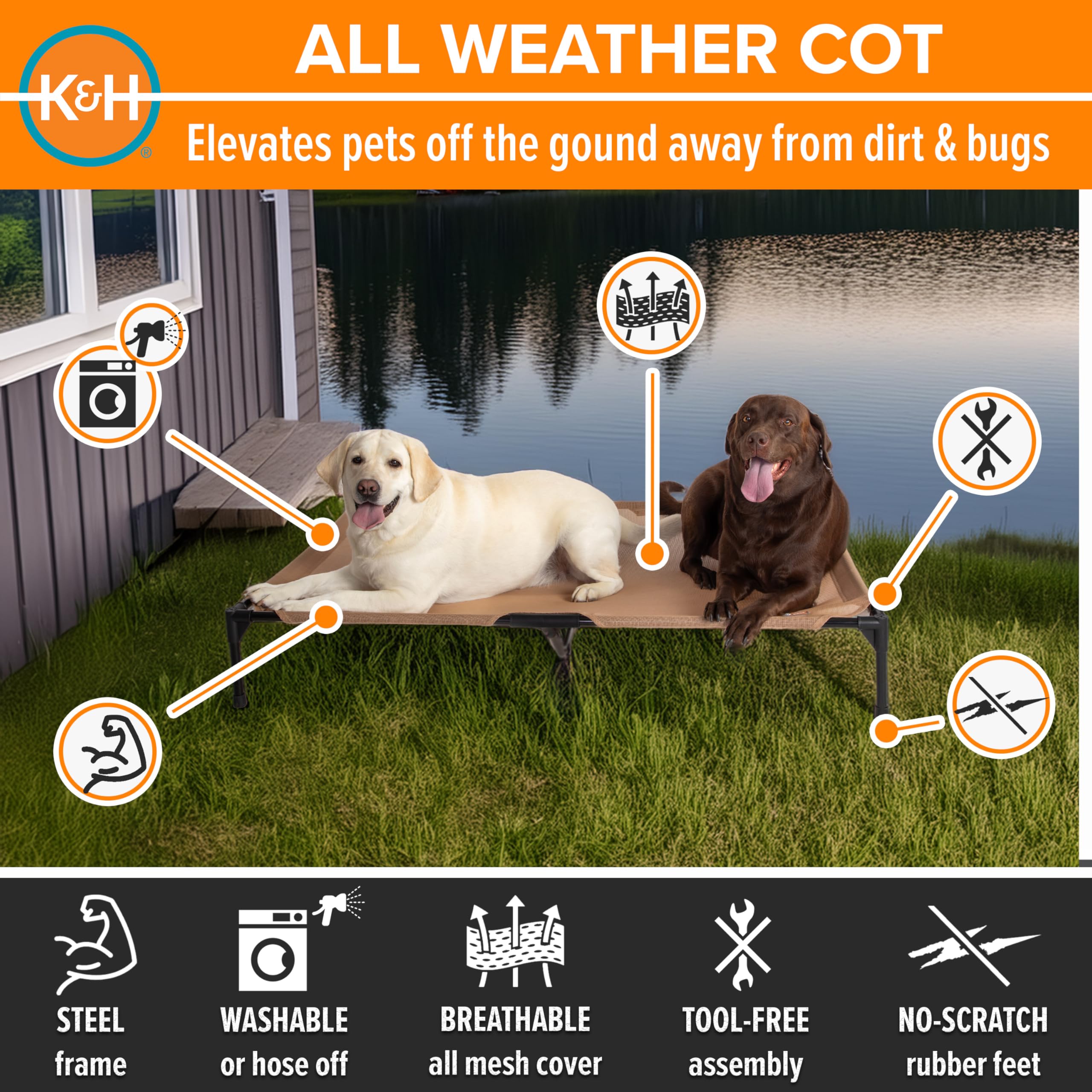 K&H Pet Products Lit surélevé pour Chien, lit rafraîchissant avec Maille Respirante Lavable pour Grands Chiens, lit à Plateforme surélevée Portable pour Animaux de Compagnie, Cadre en métal Robuste,