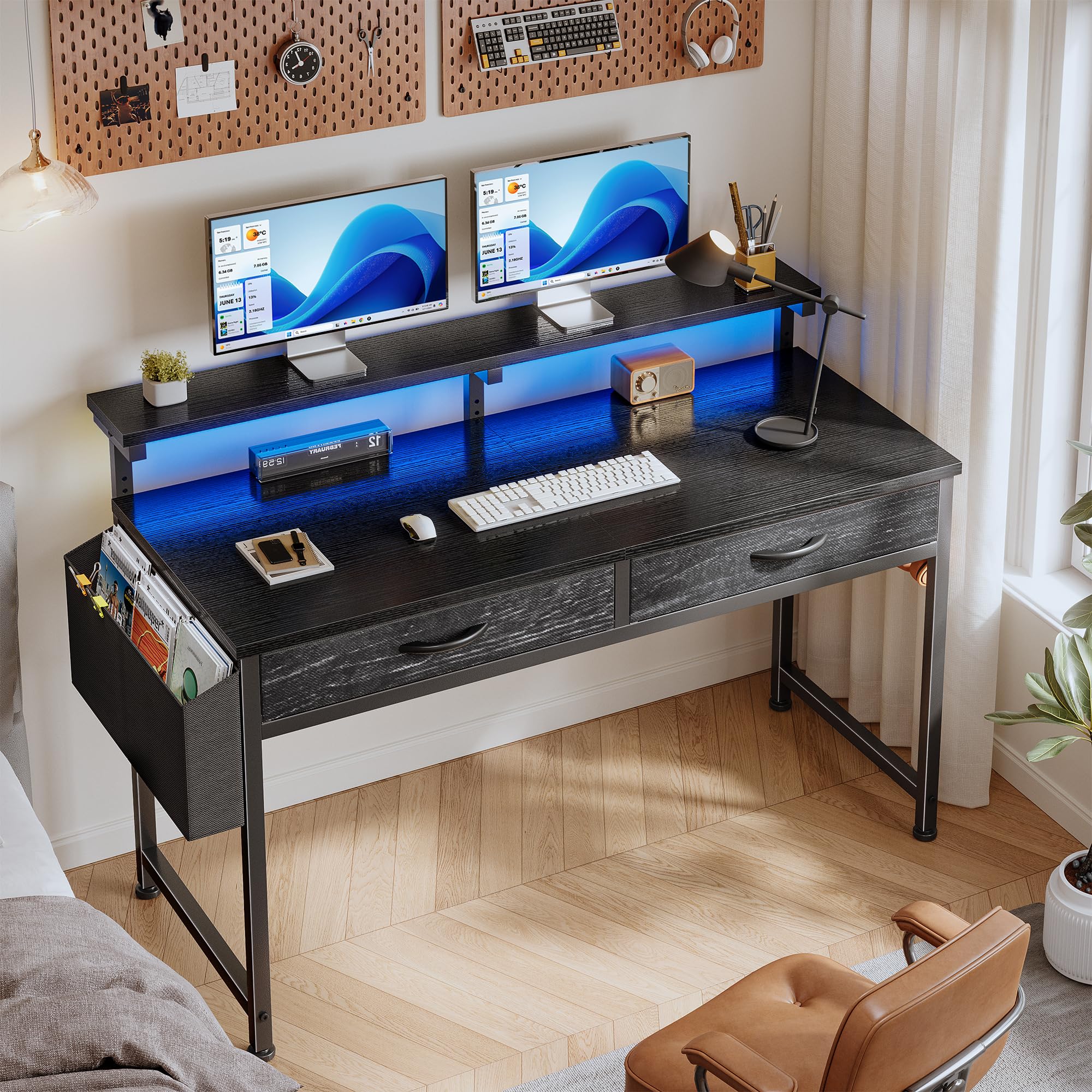 Escritorio con Luces LED y 2 Cajones, 100x50 cm Mesa Gaming con Soporte para Ganchoy Bolsa Lateral, Escritorio RGB con Gancho para Oficina en Casa, Oficina y Habitación Juvenil, Negro