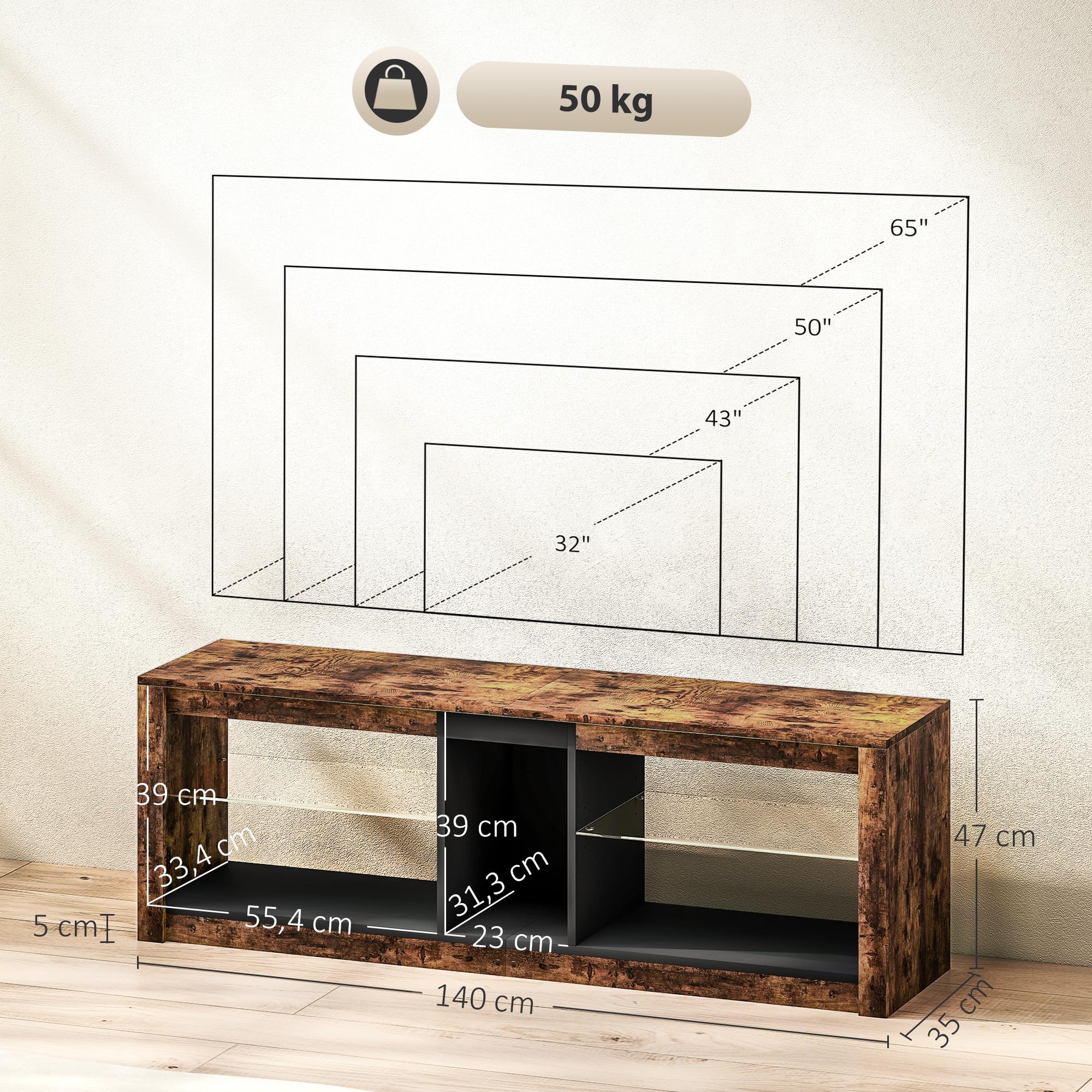 HOMCOM Meuble TV LED avec Télécommande pour TV 65 Pouces 140x35x47cm Marron | Meuble Télé Bois, Étagères, Compartiments Ouvert, Salon, Chambre à Coucher