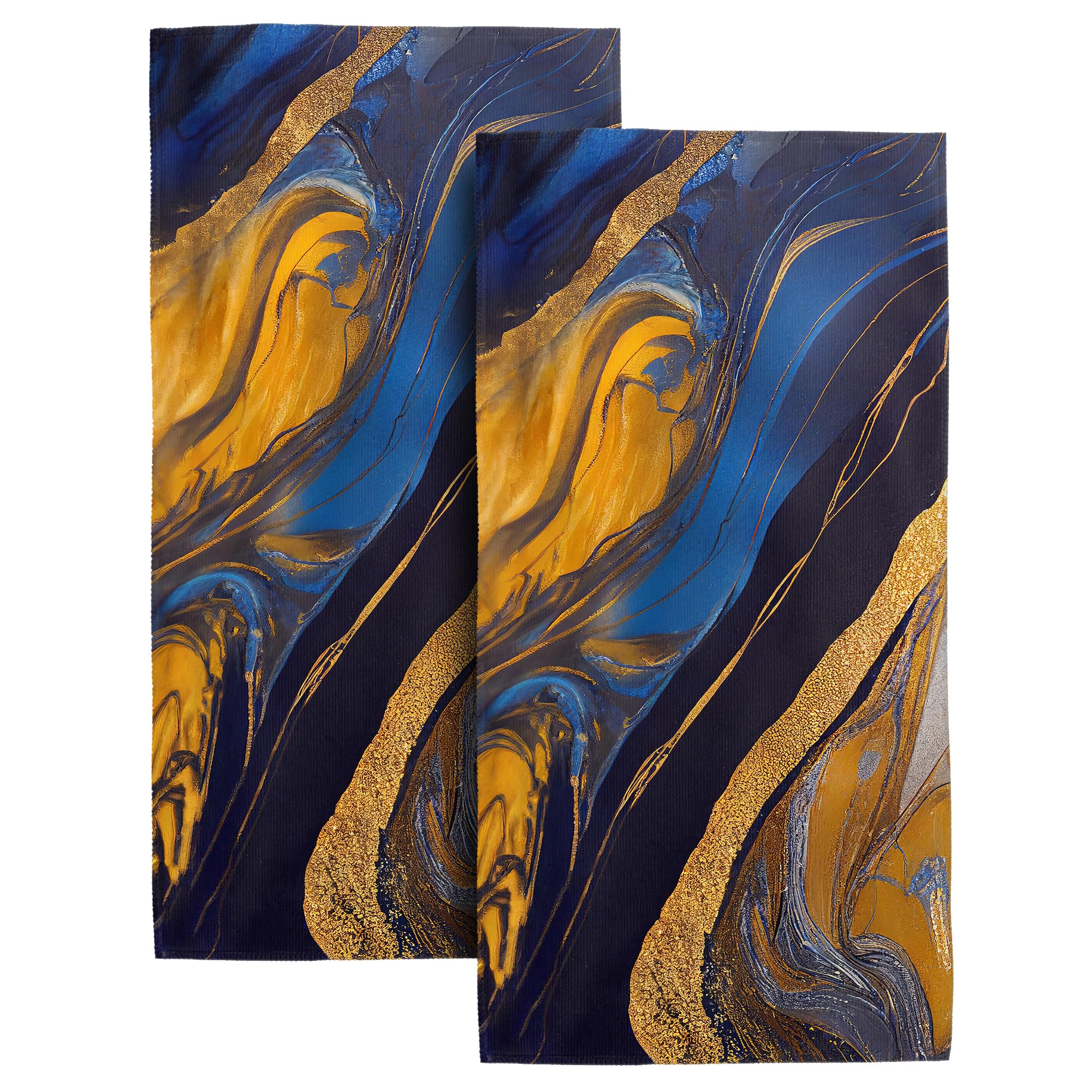 Marble Bath Towels Set of 2 Dark Blue Gold Decorative Hand Towels for Bathroom Gym Spa Sport Hotel Farmhouse Home Decorations Abstract Bathroom Towels