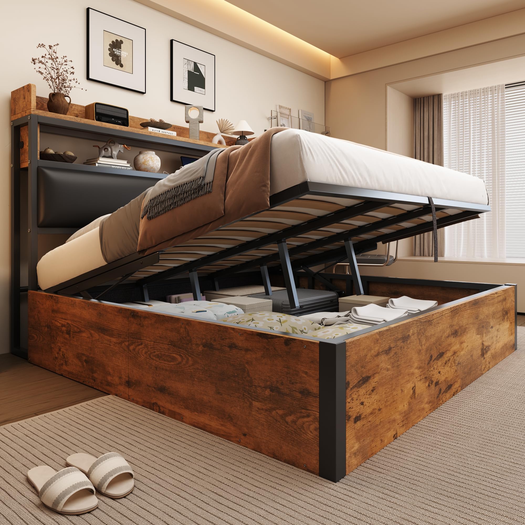 Letto 180 x 200 con sollevamento idraulico, USB, testata imbottita, design vintage in legno e metallo, spazio di archiviazione nascosto per letto matrimoniale. Mobili moderni per camera da letto