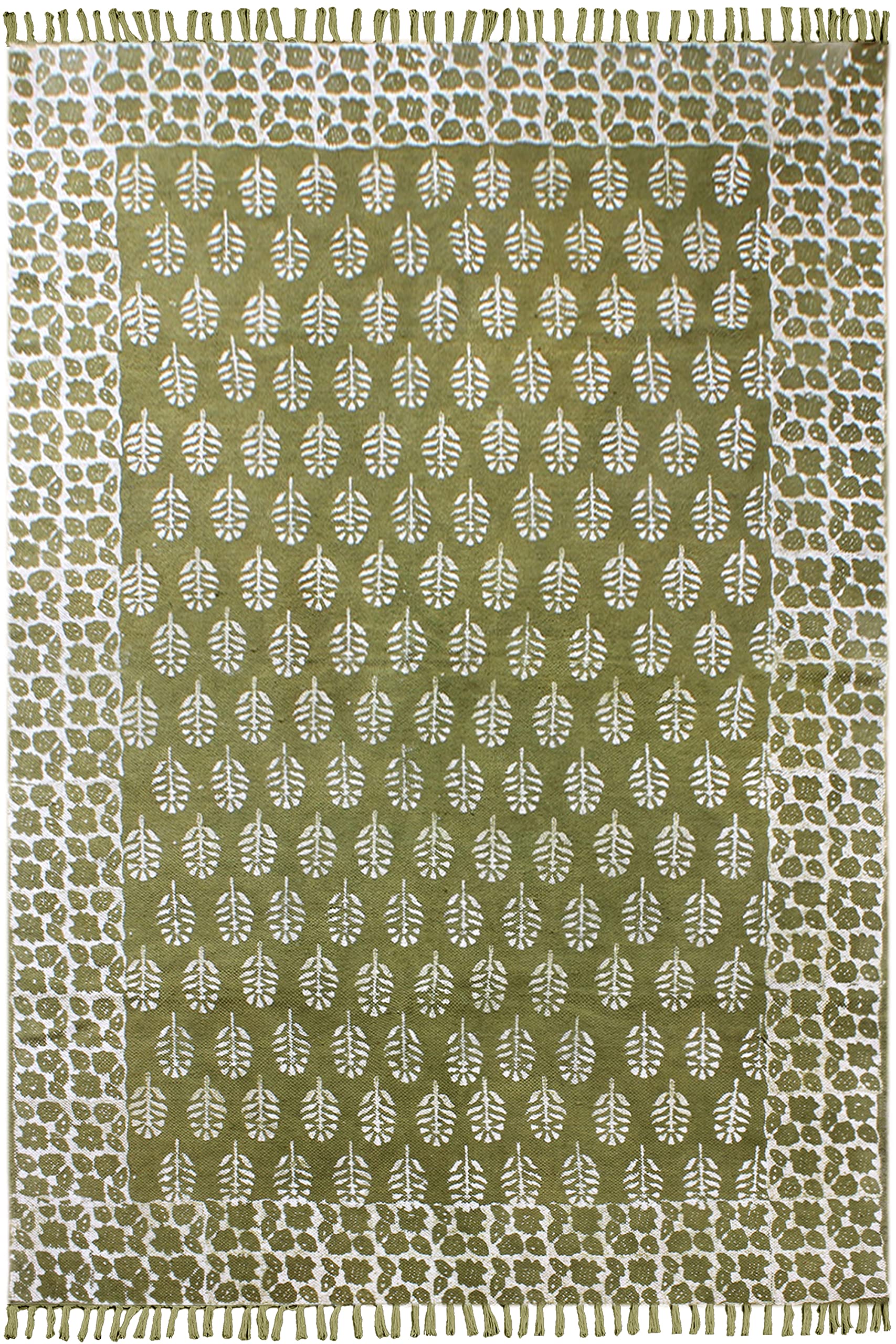 Tapis en coton fait à la main floral vert avec pompons lavable