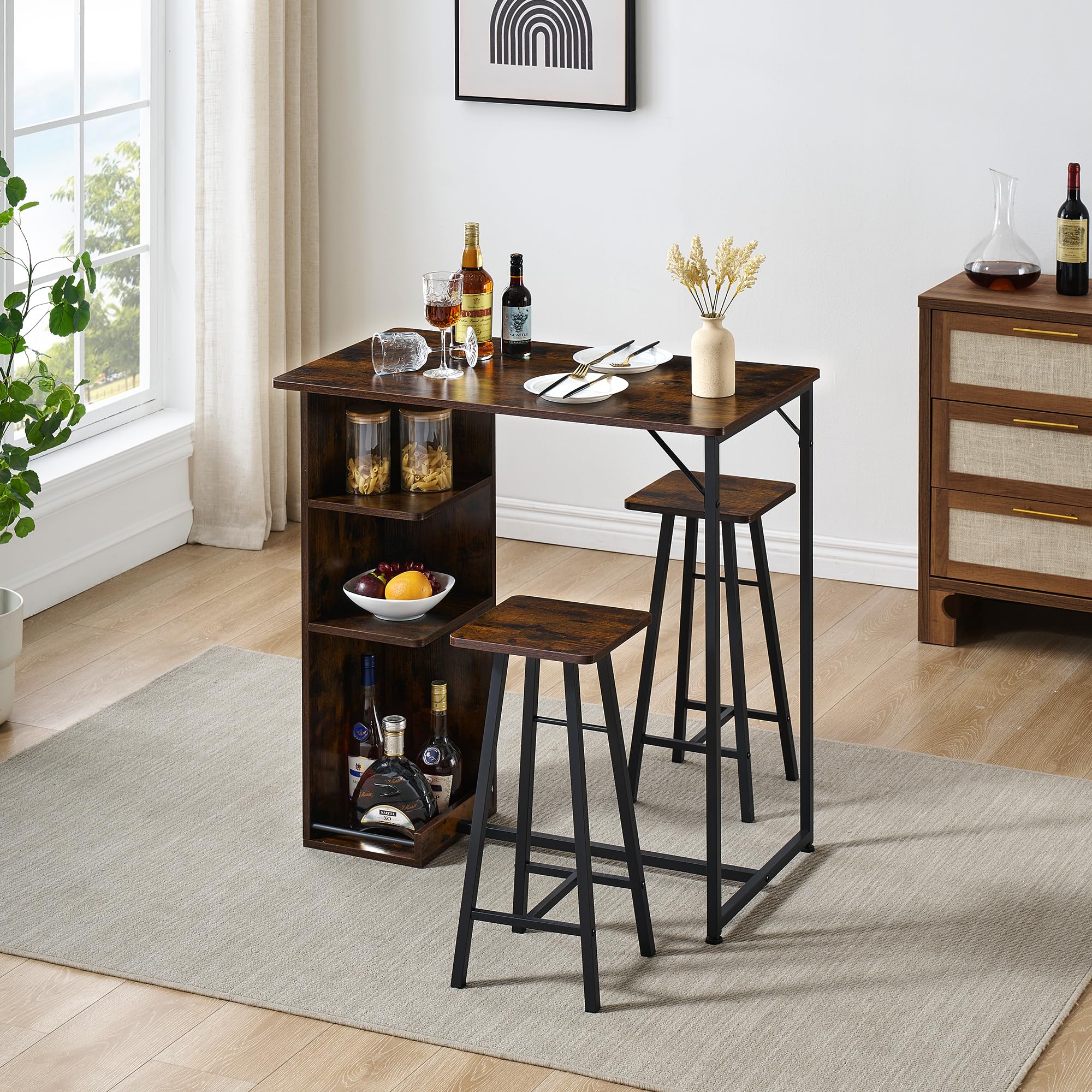 Juego de mesa de bar de 3 piezas, mesa de bar con taburete, juego de comedor de cocina con 2 sillas y 3 estantes, para vivienda, cocina, salón, comedor (retro