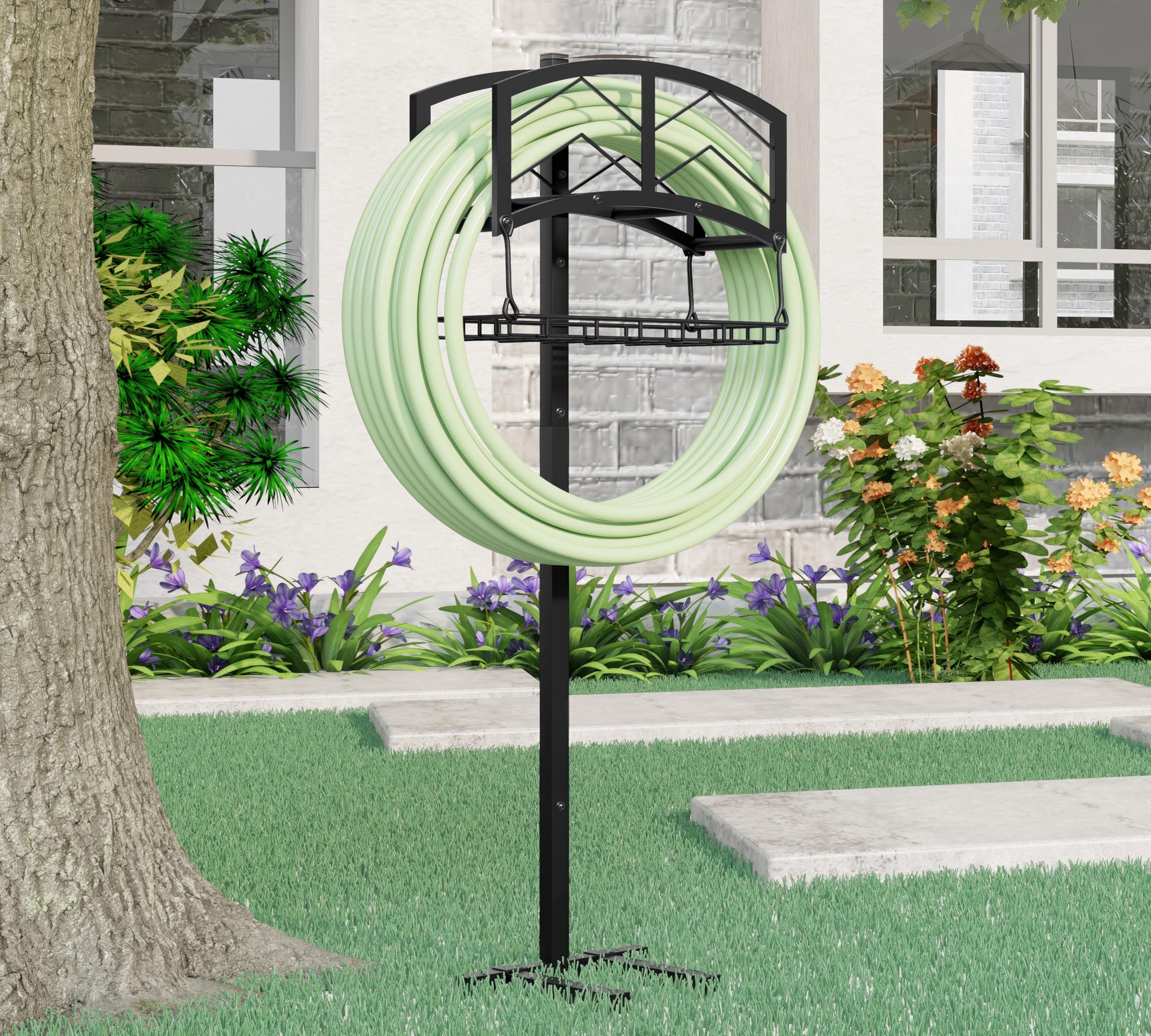 Kingson Support tuyau arrosage portable, panier rangement, acier noir robuste, contient tuyau 45m, design amovible outils