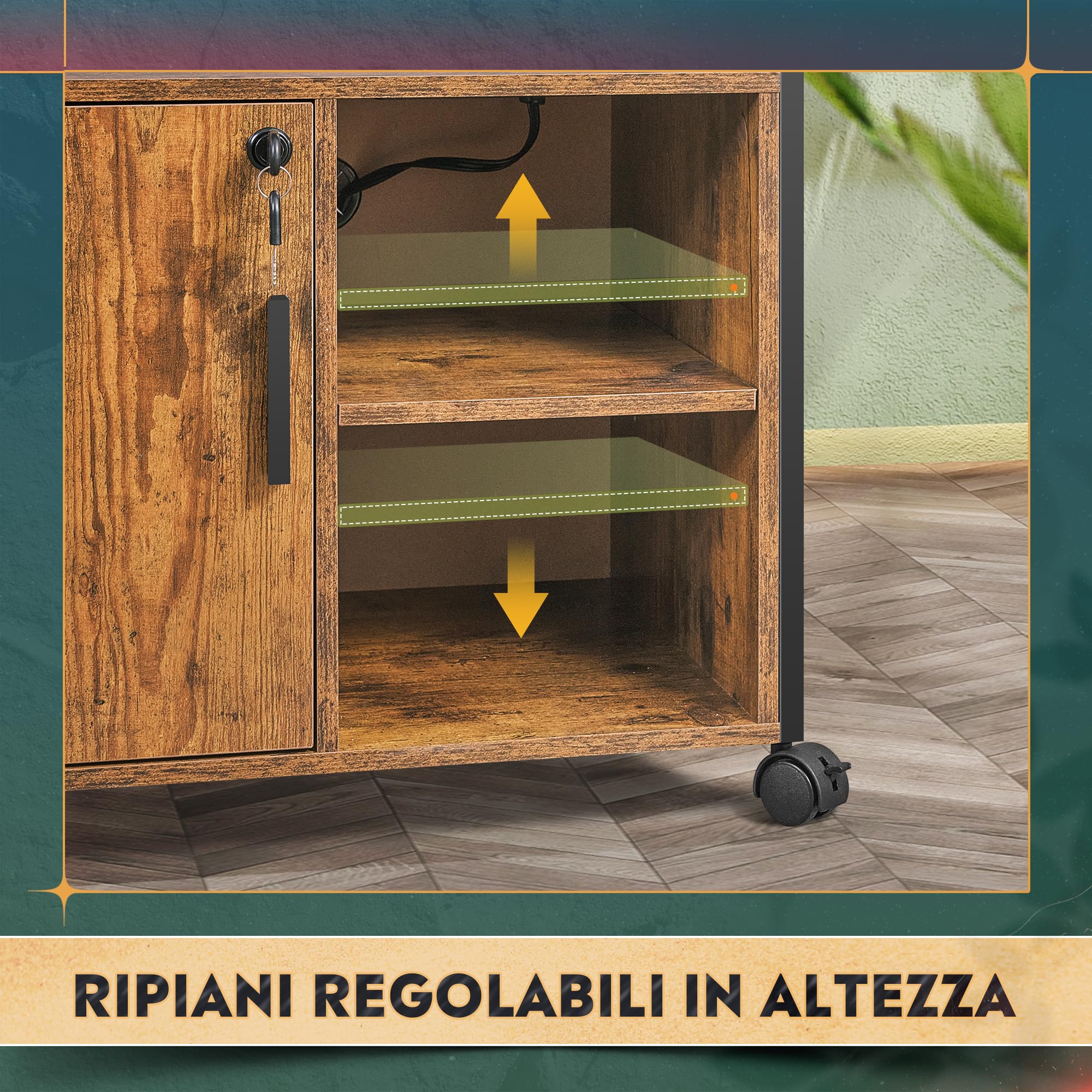 DEVAISE Mobile Portadocumenti per Ufficio con Stazione Ricarica, Supporto Stampante e Archiviatore Bloccabile, Mobile Ufficio Professionale per Cartelle A4, Marrone Rustico