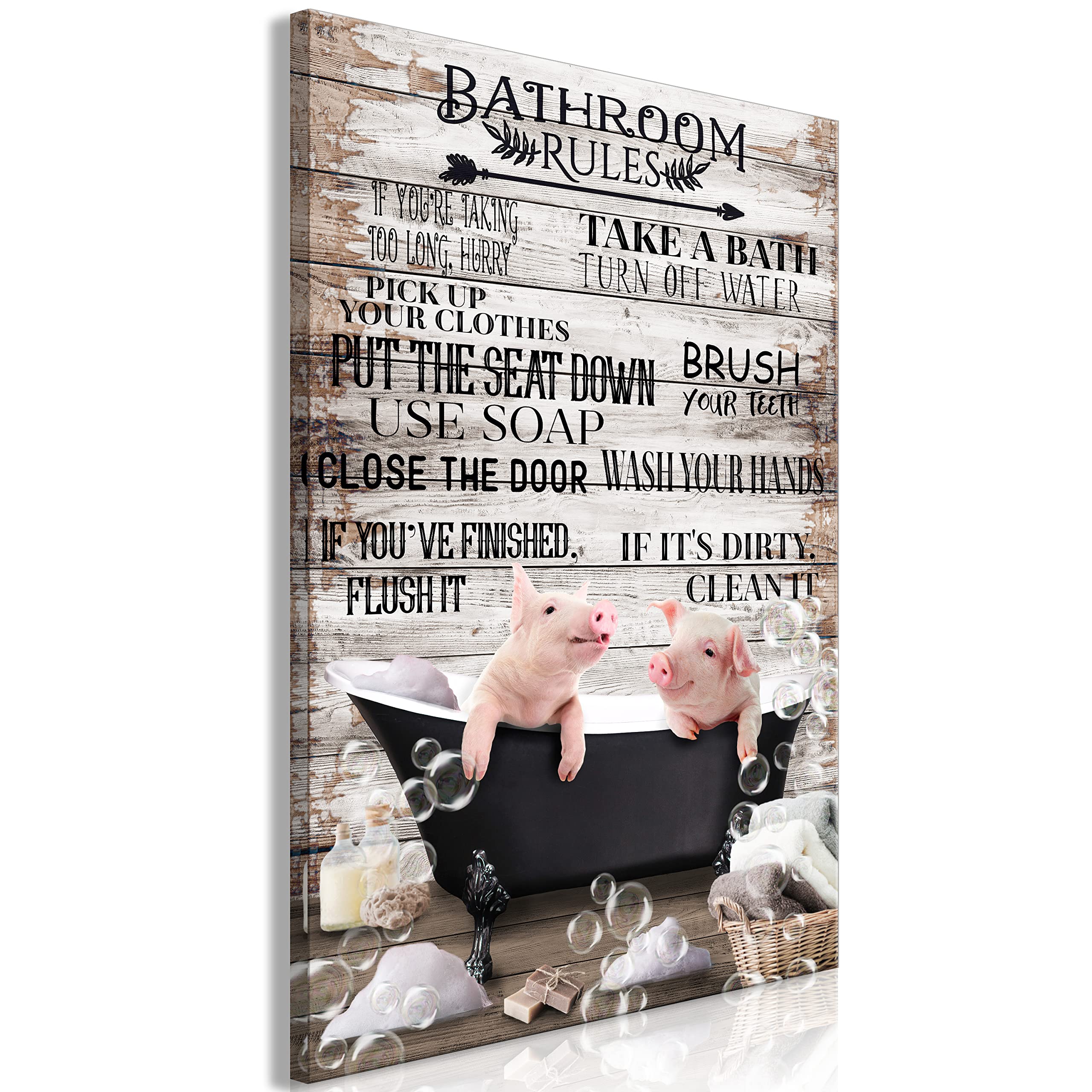 artgeist Textured Canvas Wall Art Bathroom Home 16x24 in - 1pcs Painting Canvas Prints Picture Artwork Image Framed Contemporary Modern Wall Home Pigs in The Bath Faux Wood Abstract m-A-1092-b-a