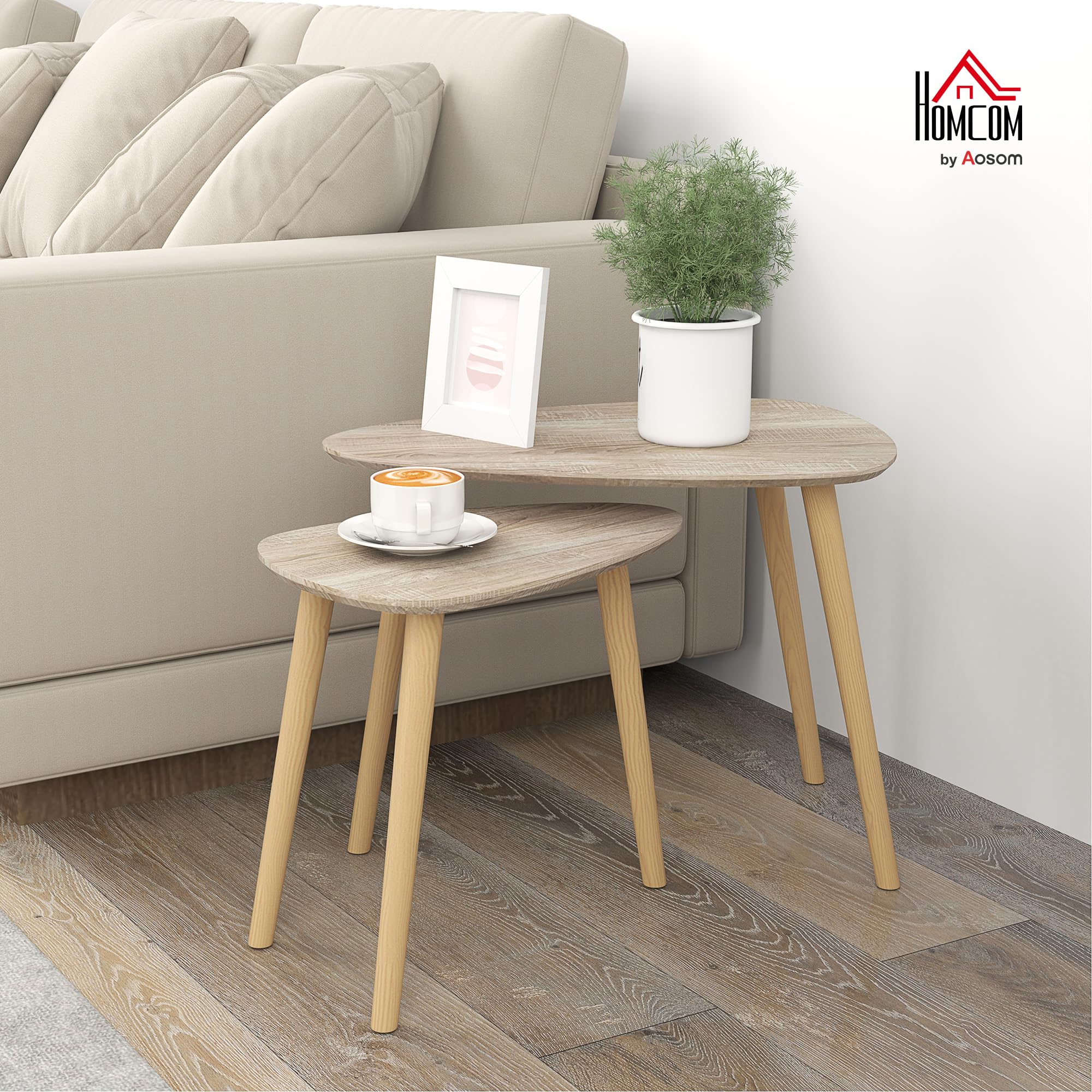 HOMCOM Juego de 2 Mesas de Centro, Mesa Nido Moderna, Mesitas Auxiliares, Patas de Madera de Pino, para Salón, Dormitorio, Oficina, Madera Natural
