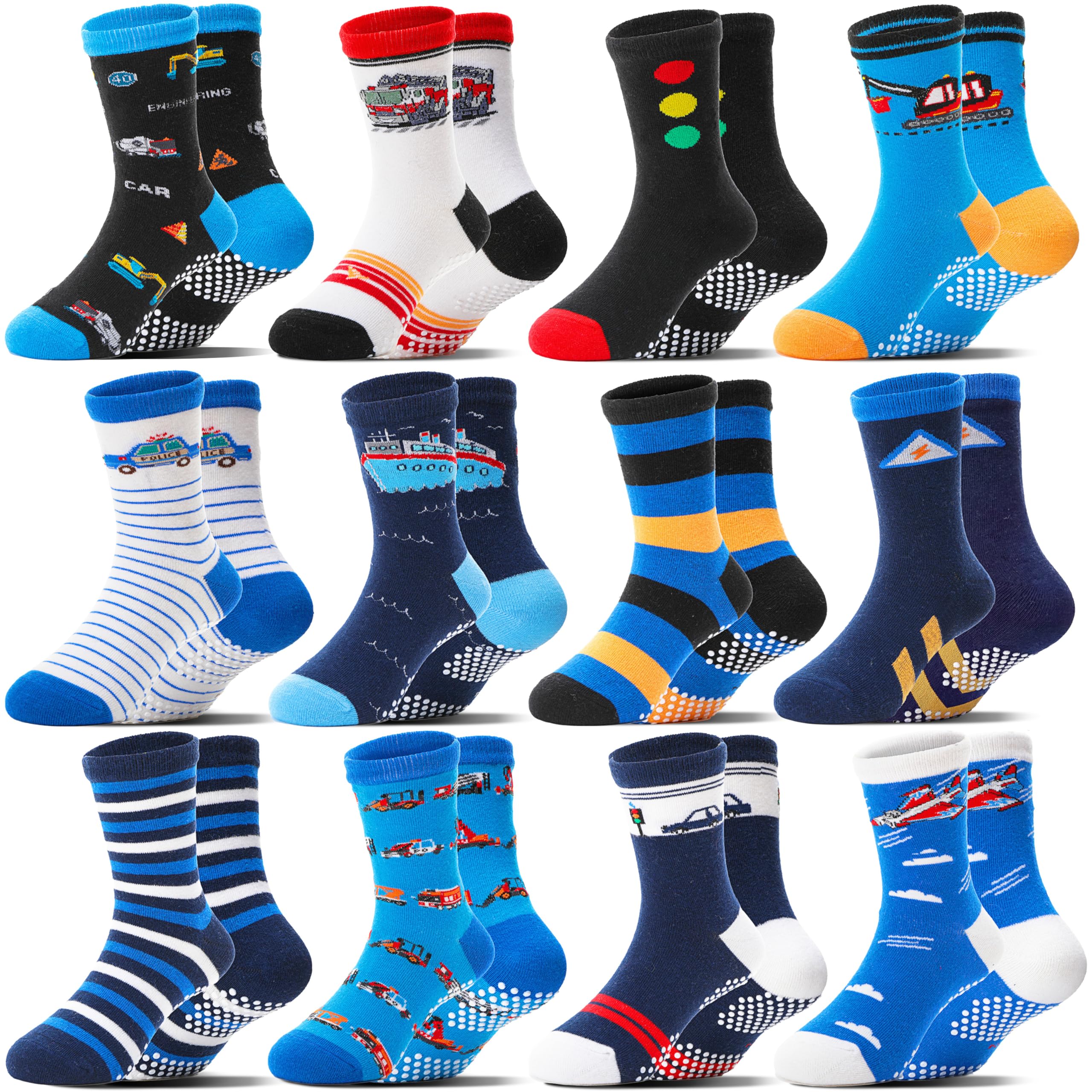 12 Pairs Baby Boys Grips Socks for Kids Toddlers Infants Non Skid Anti Slip Funny Cartoon Crew Cotton Breathable Socks