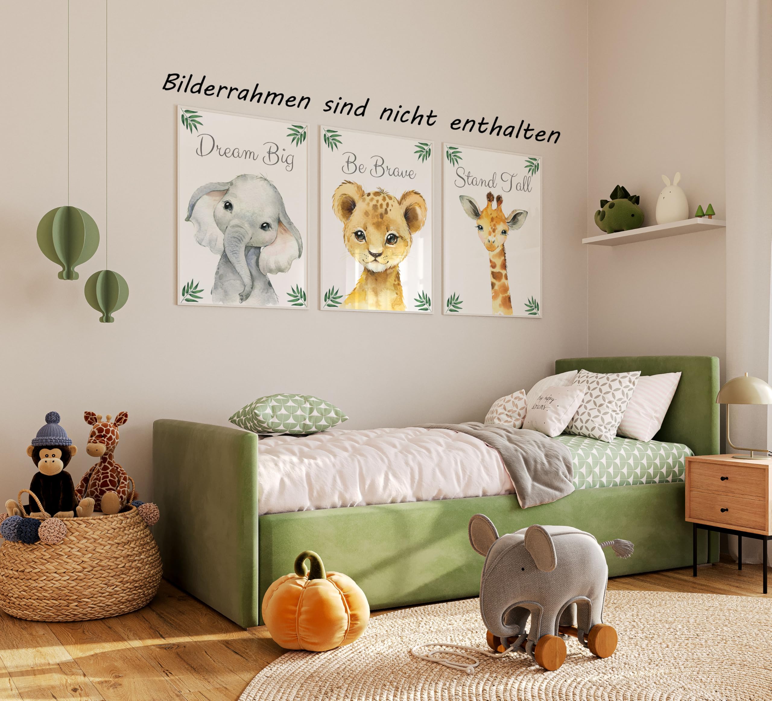 Eviepops Prints Set aus 3 Safaritieren für Kinderzimmer von Jungen und Mädchen, Ungerahmter Druck, Schlafzimmerdekor, Dschungeldekoration, Dekor im Babyzimmer, elefant giraffe löwe, Dream Big (A3)