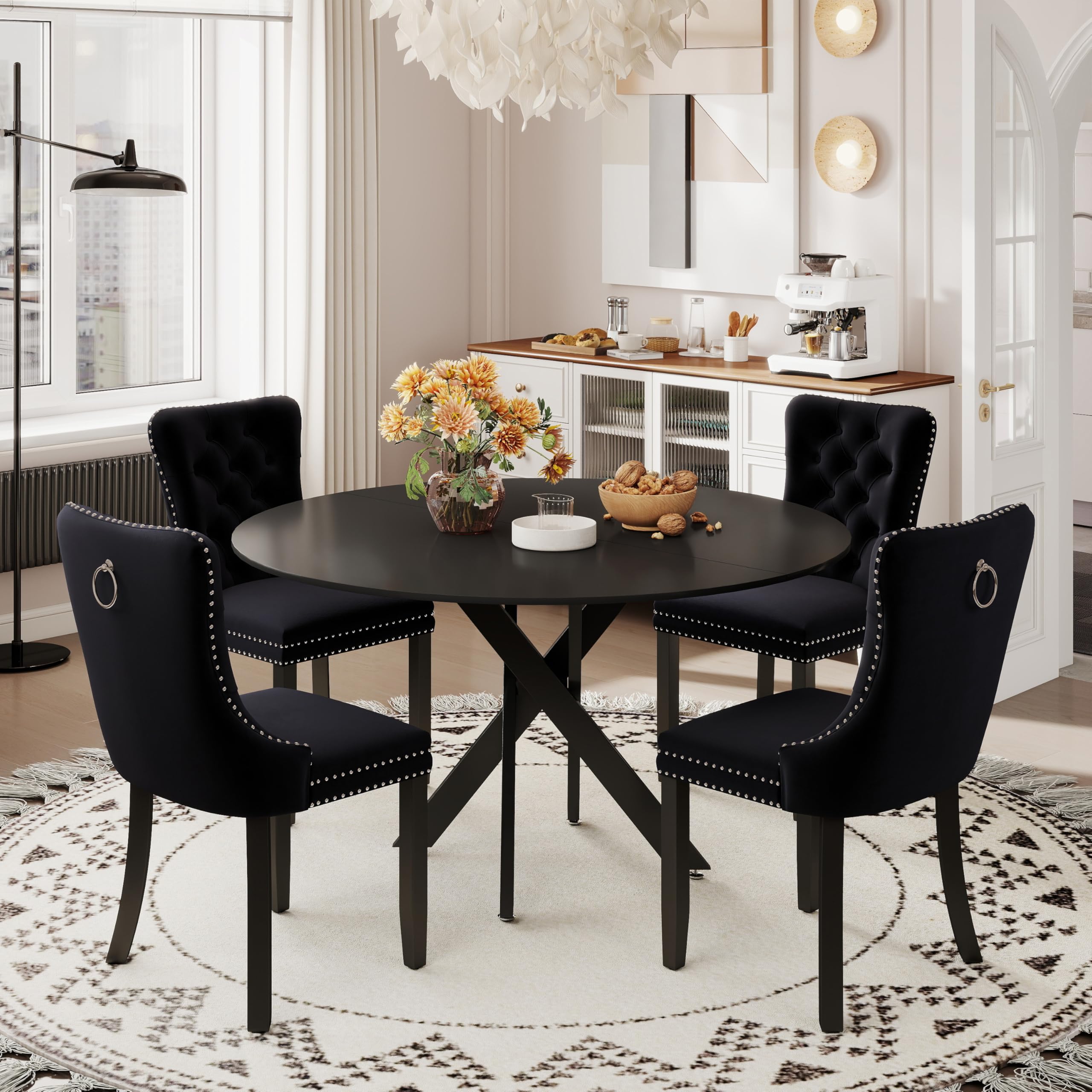 RGZ Mid Century Modern Black Dining Table Set for 4, 47'' Retro Rustic Farmhouse Round Kitchen Table Set, 5 Pcs Luxury Circular Dinner Room Set with