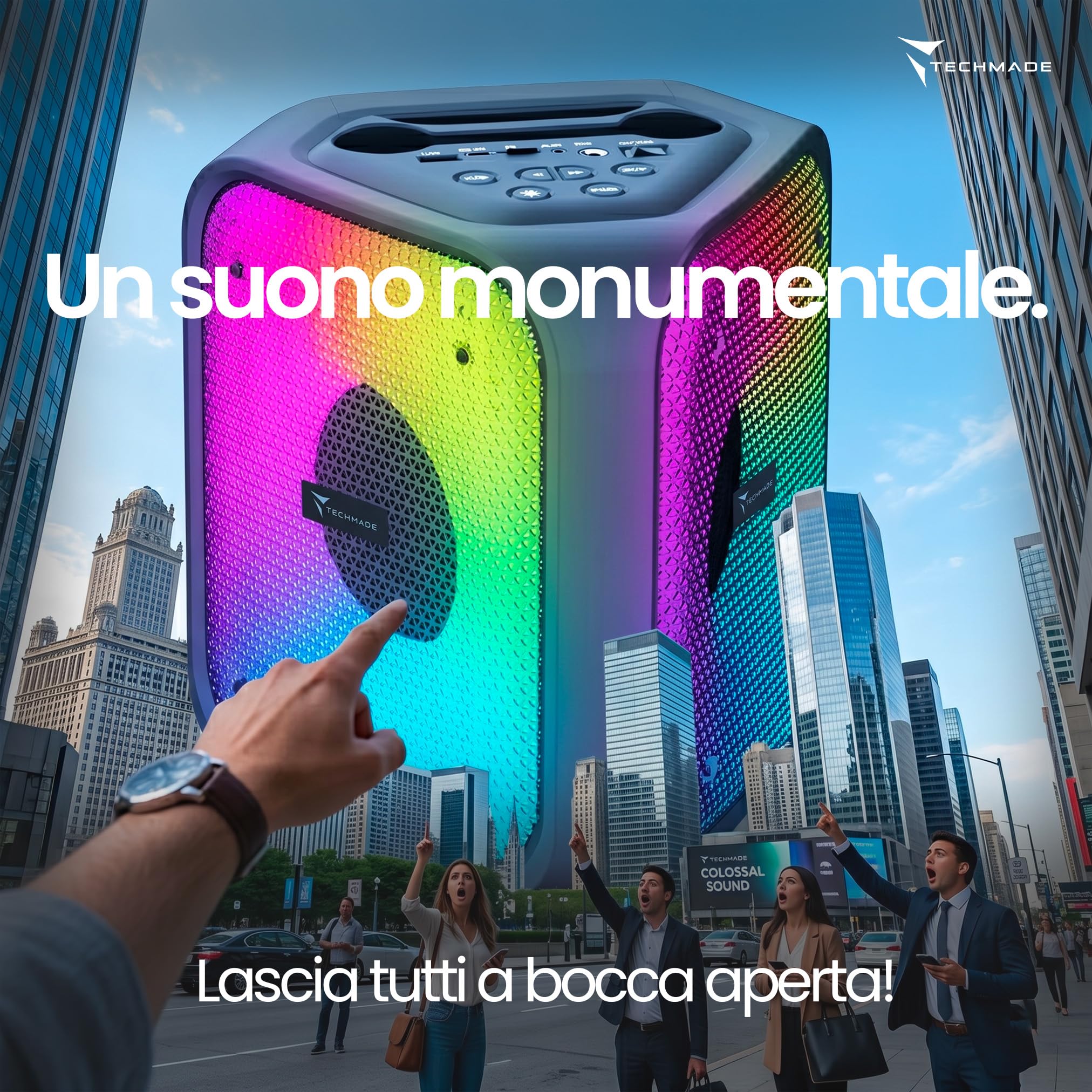Techmade Speaker Bluetooth Karaoke con Microfono - 15W Portatile, Sistema 2 in 1 - Luci LED RGB - Connessione con BT 5.4, USB, Micro SD e AUX - Radio FM Integrata - Batteria 2400mAh