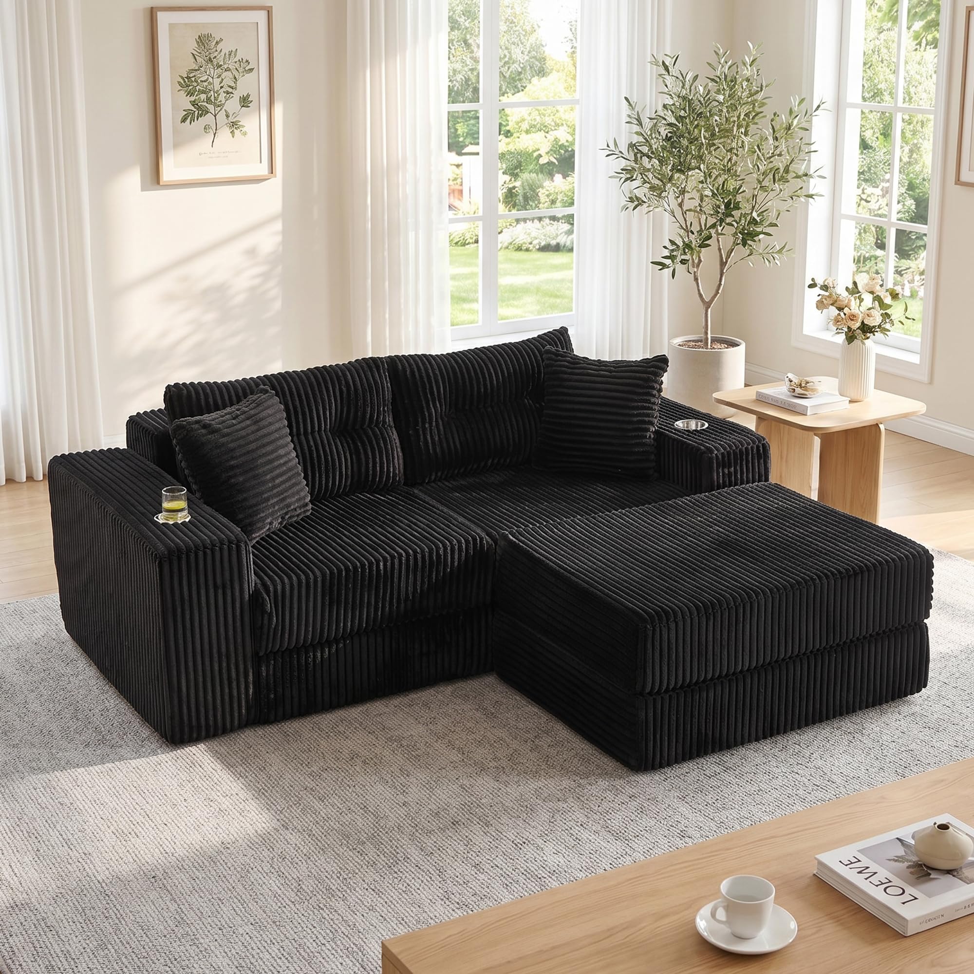 GRAVFORCE Modulares Schlafsofa 204cm L-Form Ecksofa mit Schlaffunktion Boneless Wolkensofa mit tiefer Sitztiefe, Becherhalter, klappbar & umwandelbar, für Wohnzimmer, Kord