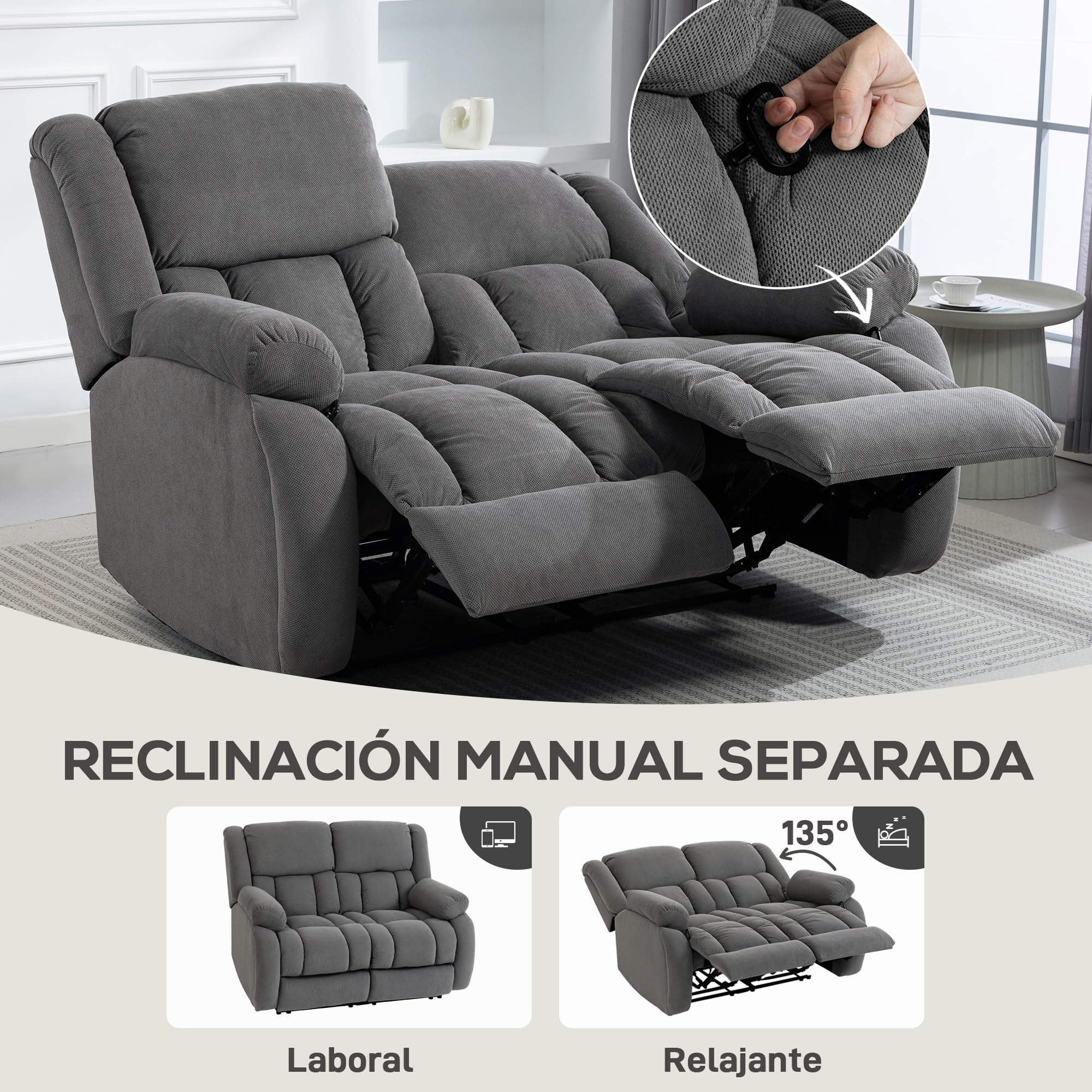 HOMCOM Sillón 2 Plazas Relax Reclinable Manual, Ajuste Separado, Sillón Relax Tapizado en Terciopelo, Reposapiés Ajustable, Asiento Amplio, Muelles, Acolchado Grueso, Sofá Reclinable hasta 135º, Gris