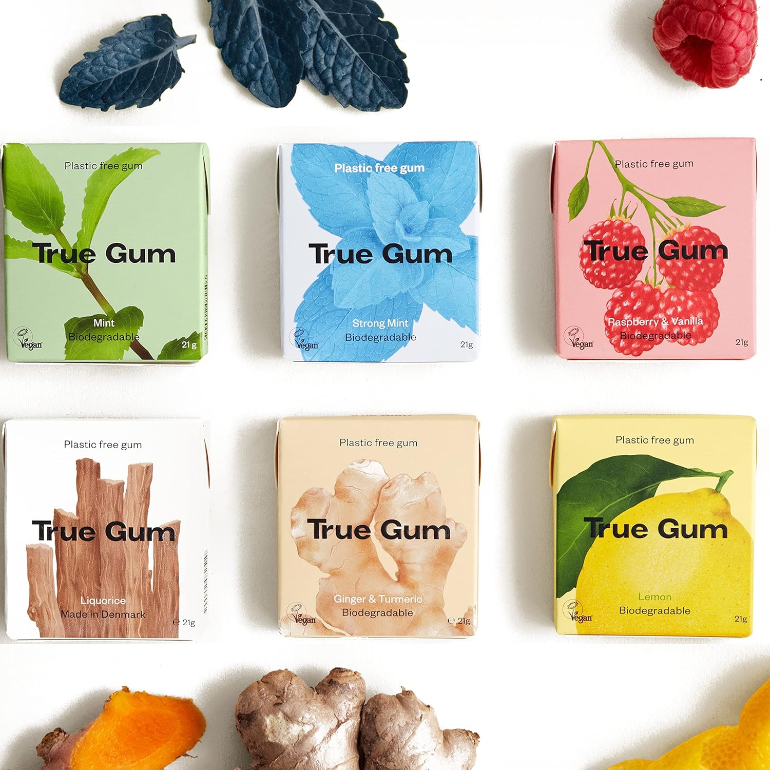 True Gum Mixed Flavours Chewing Gum (6pack) Plastic Free Xylitol Gum Biodegradable Vegan