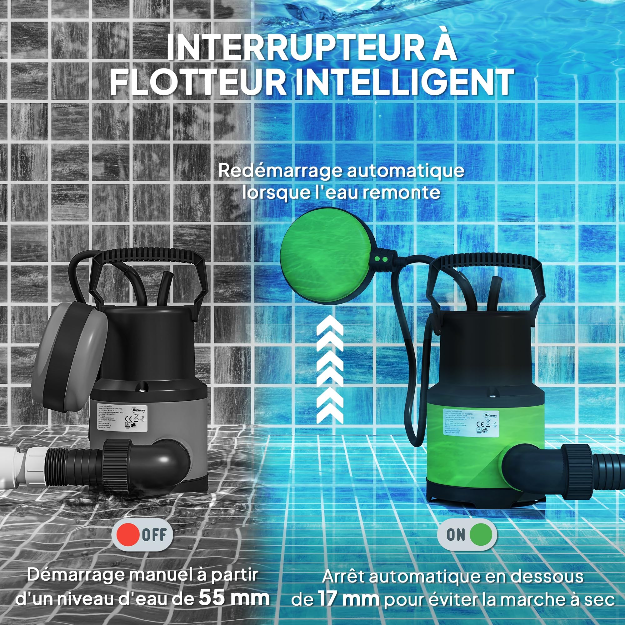 Outsunny Pompe d'Évacuation Eaux Chargées/Propres 9000L/H 400W 7m Max. Vert | Pour Eaux Sales, Particules Jusqu'à 15 mm, Pompe de Relevage Eaux Chargées, Interrupteur à Flotteur