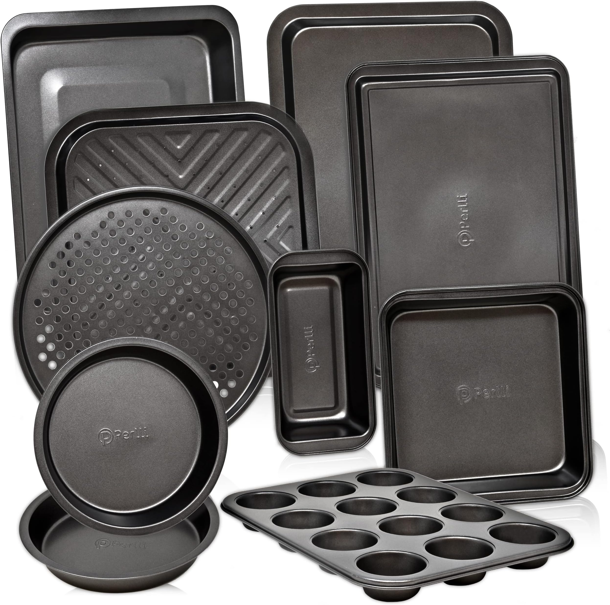 Perlli Baking Pan 10 Piece Set Nonstick Carbon Steel Gray Oven Bakeware Kitchen Set, 2 Cookie Sheets, 2 Round Cake Pans, Square Pan, Roasting Pan, Loaf Pan, Crisp Pan, Pizza Crisper, & Muffin Pan